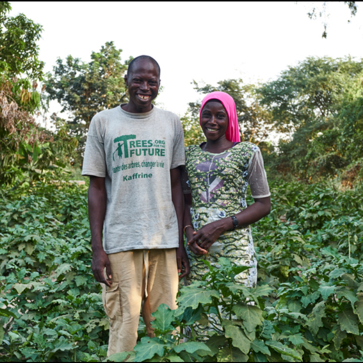 Smiling man and woman standing in green forest area, man wearing Trees for the Future shirt