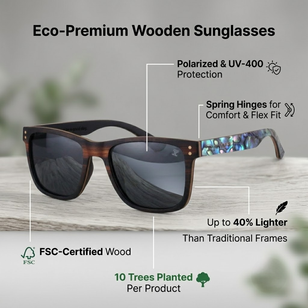 Eco-Premium Wooden Sunglasses infographic showing polarized UV protection and spring hinges