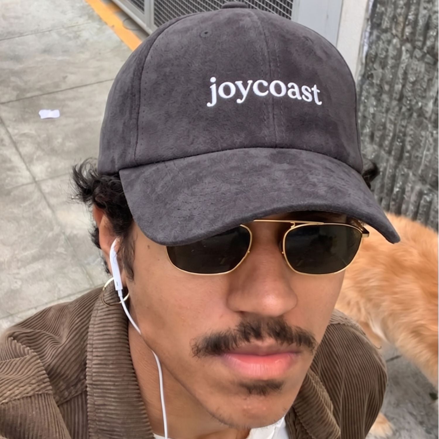 Grey Joycoast baseball cap worn with sunglasses; curved brim and joycoast logo