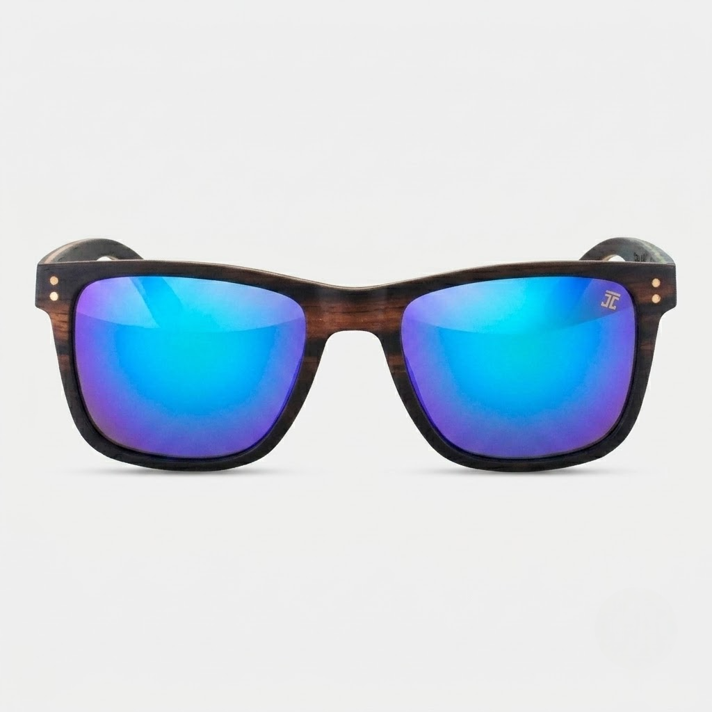 Ebony wood sunglasses with vivid blue mirrored lenses and curved rectangular frames