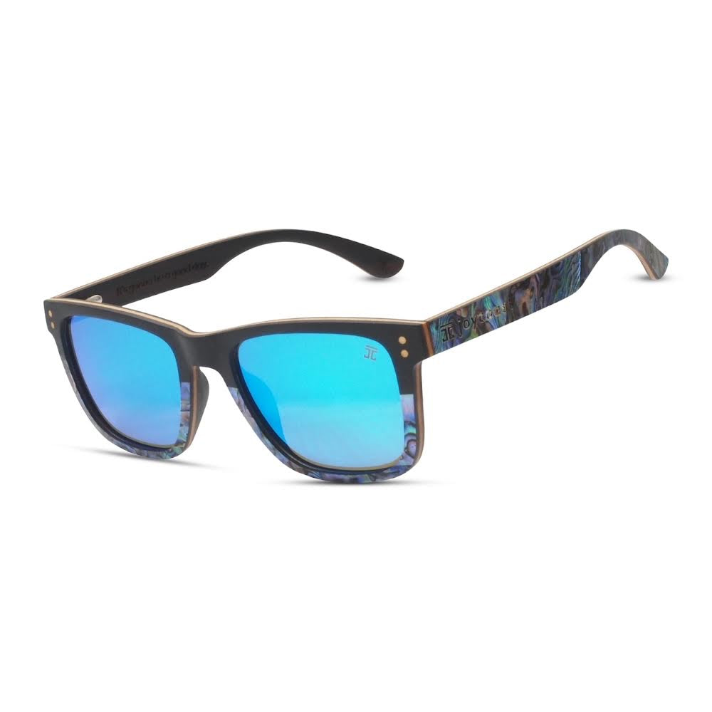 Blue mirrored sunglasses with black frame and iridescent abalone-pattern temple accents