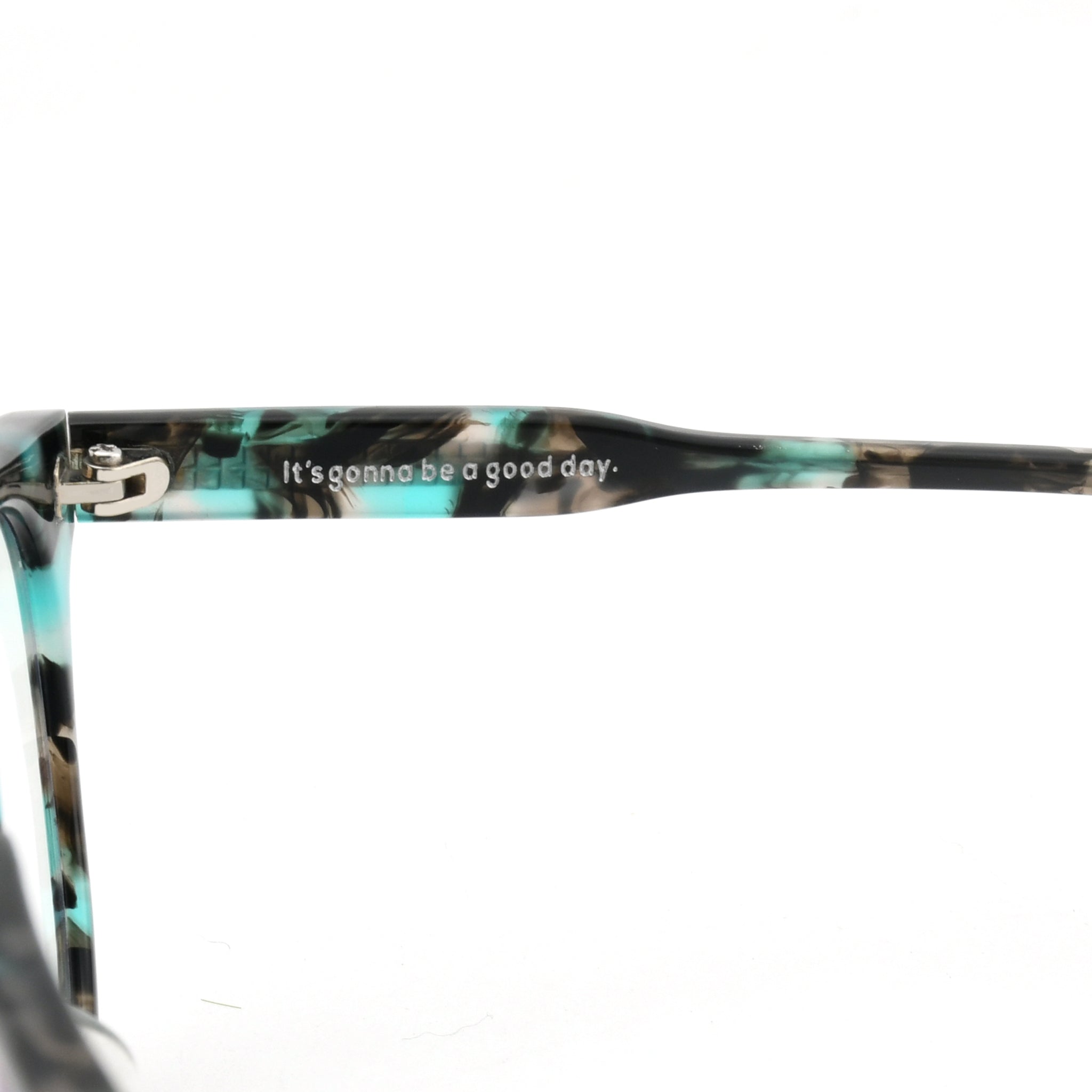 Side view of acetate reading glasses with teal and dark tortoise temples