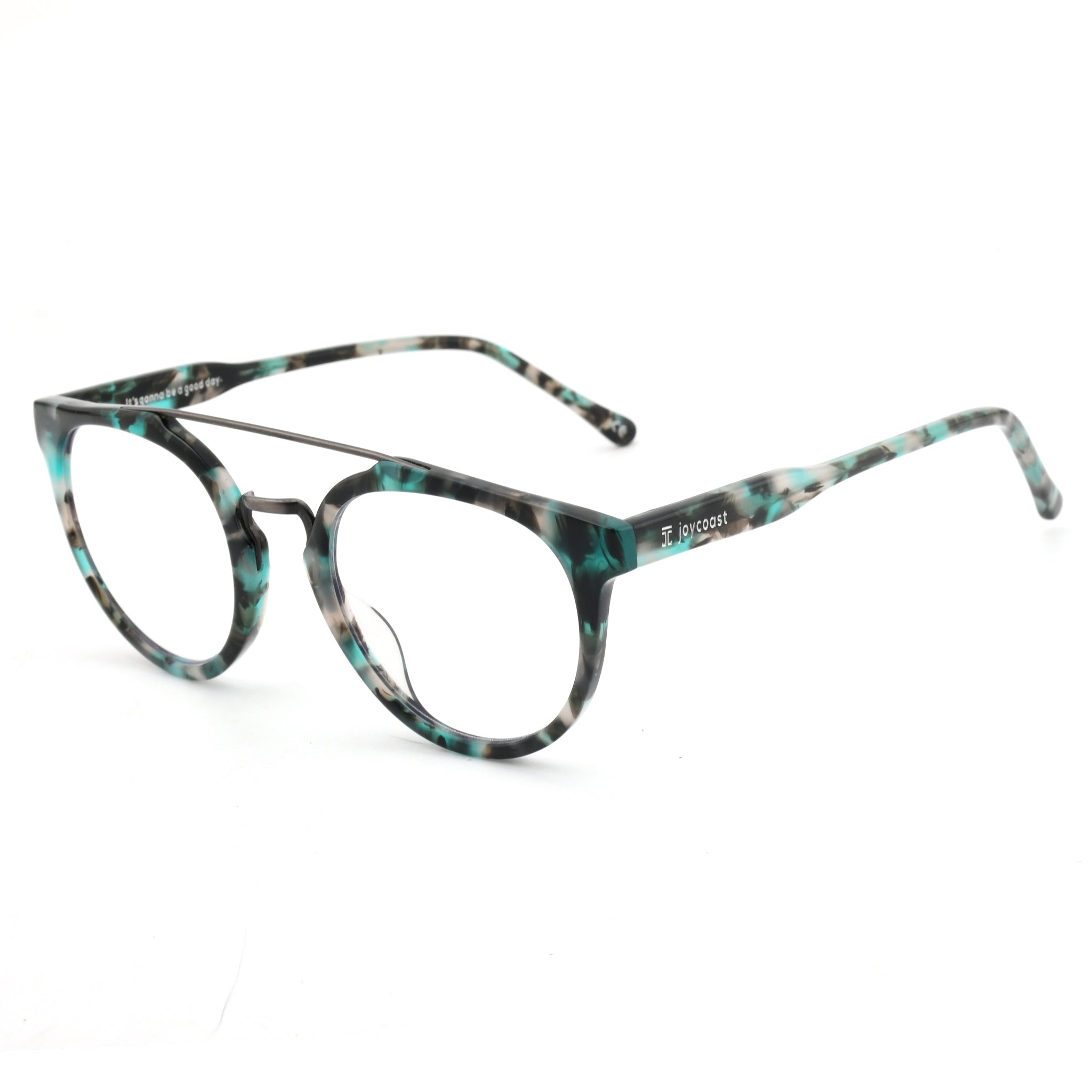 Acetate reading glasses 3/4 view with teal and dark tortoise full-rim frames