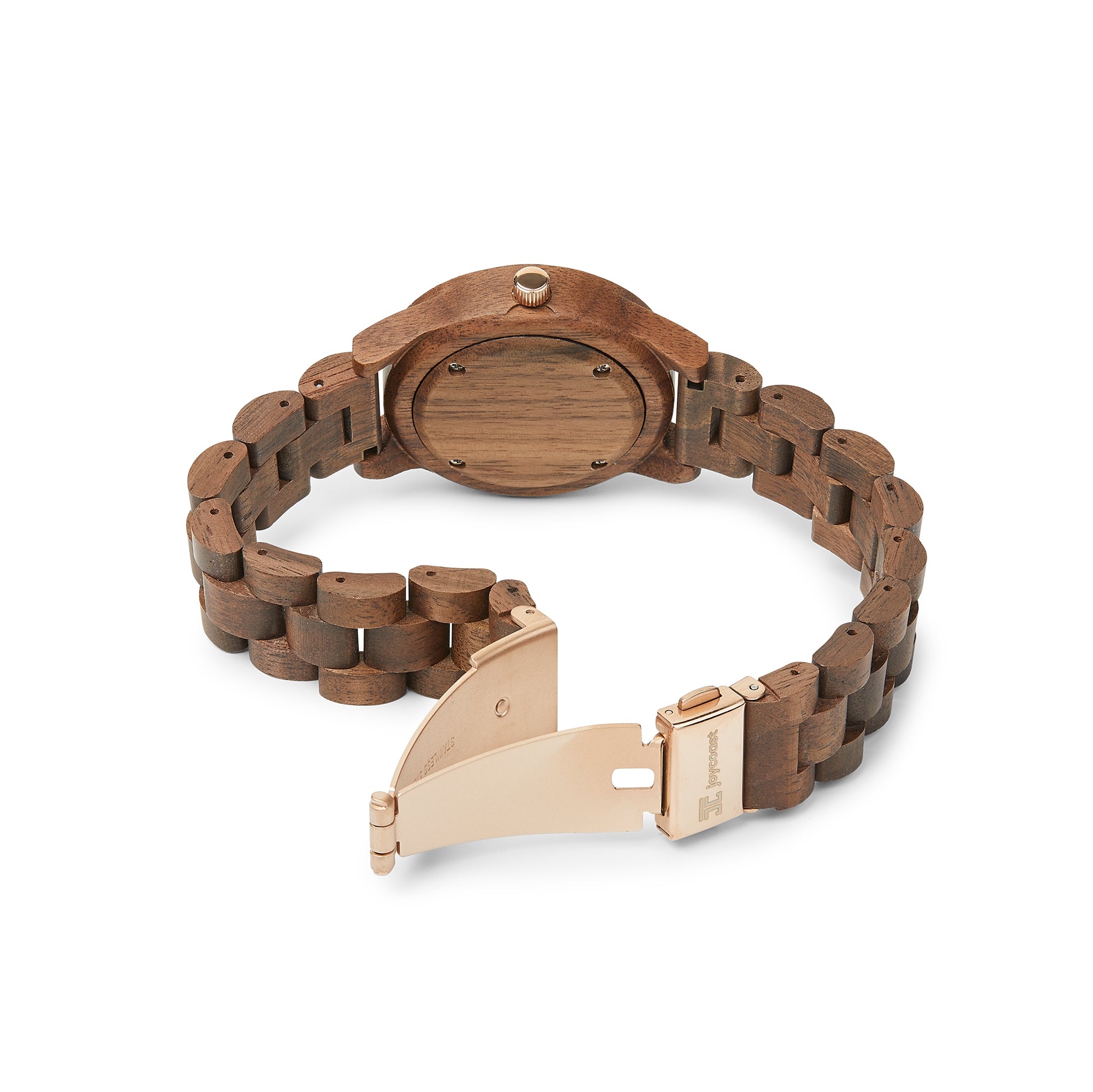 Wooden women’s watch with dark brown link band, clasp detail, and round dial view