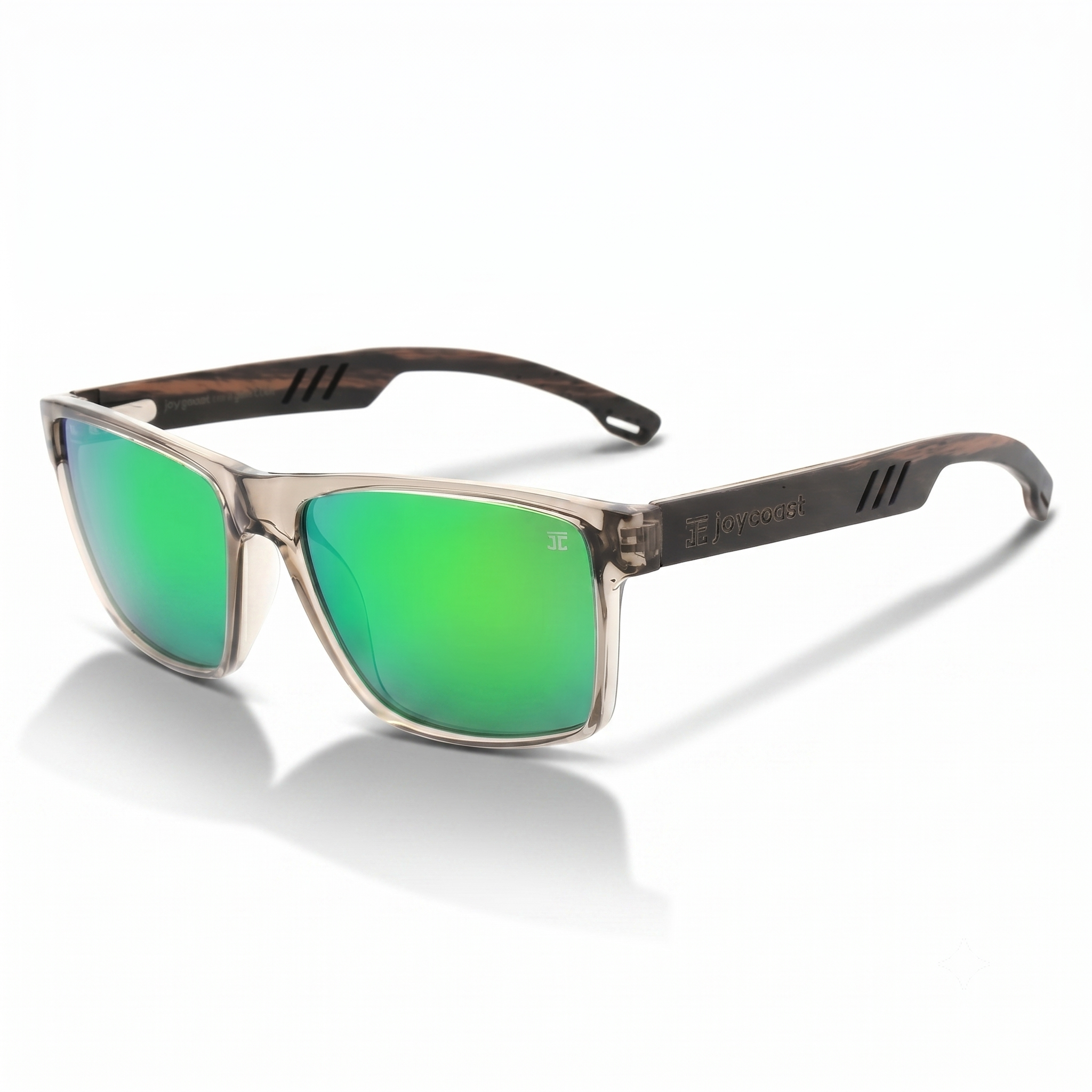 Transparent wood sunglasses, side angle with green mirrored lenses and black temple