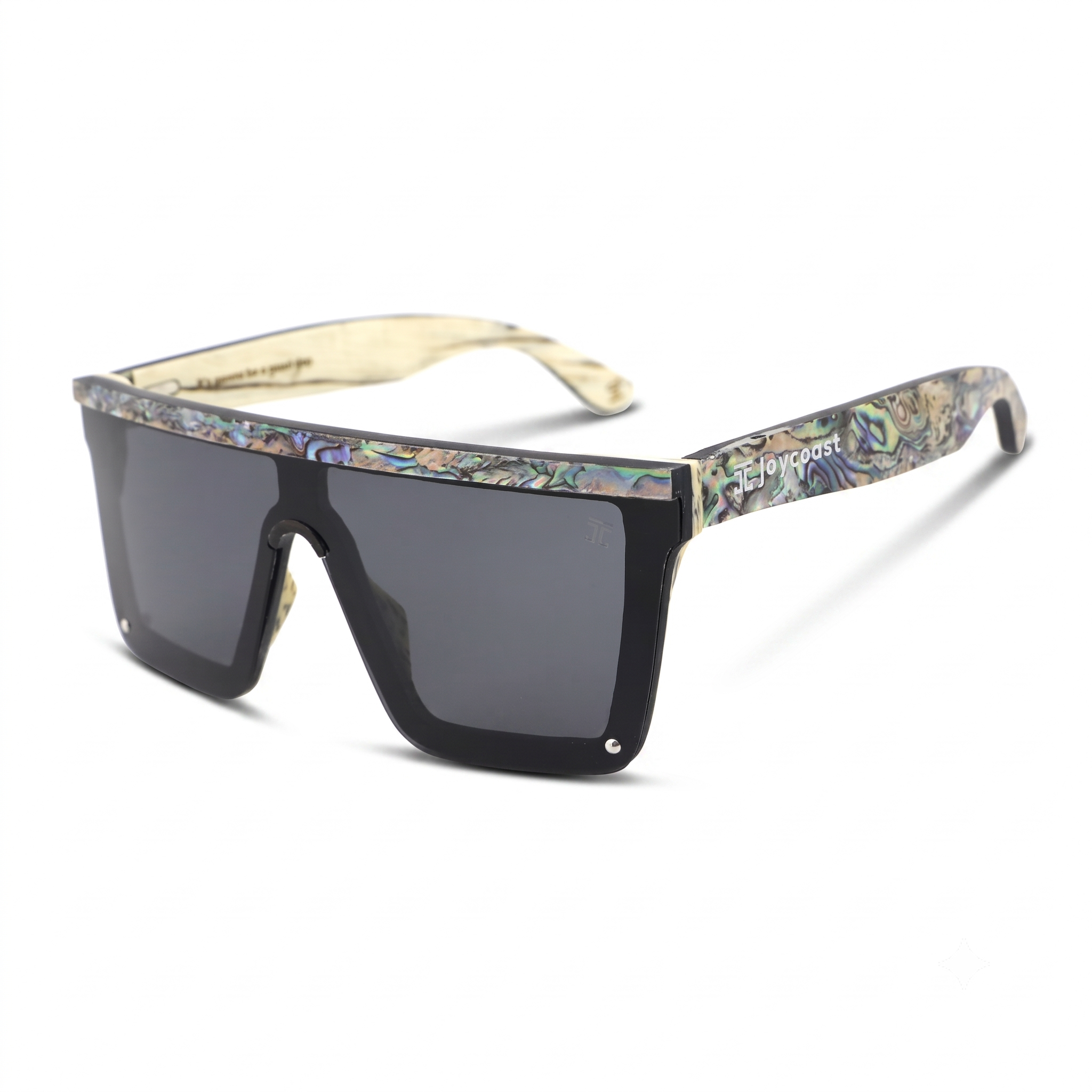 Wooden sunglasses with patterned frame and dark tinted rectangular lenses