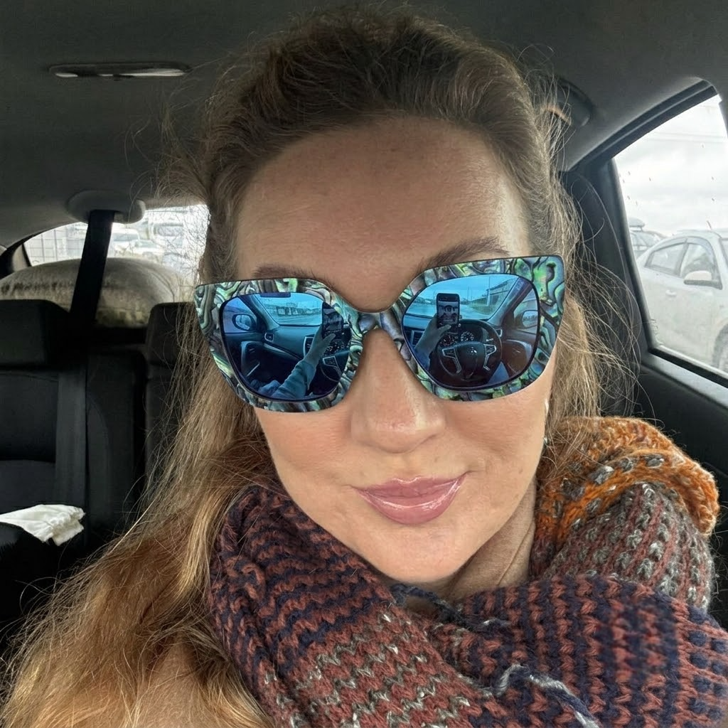 Abalone-pattern wood sunglasses with blue mirrored lenses