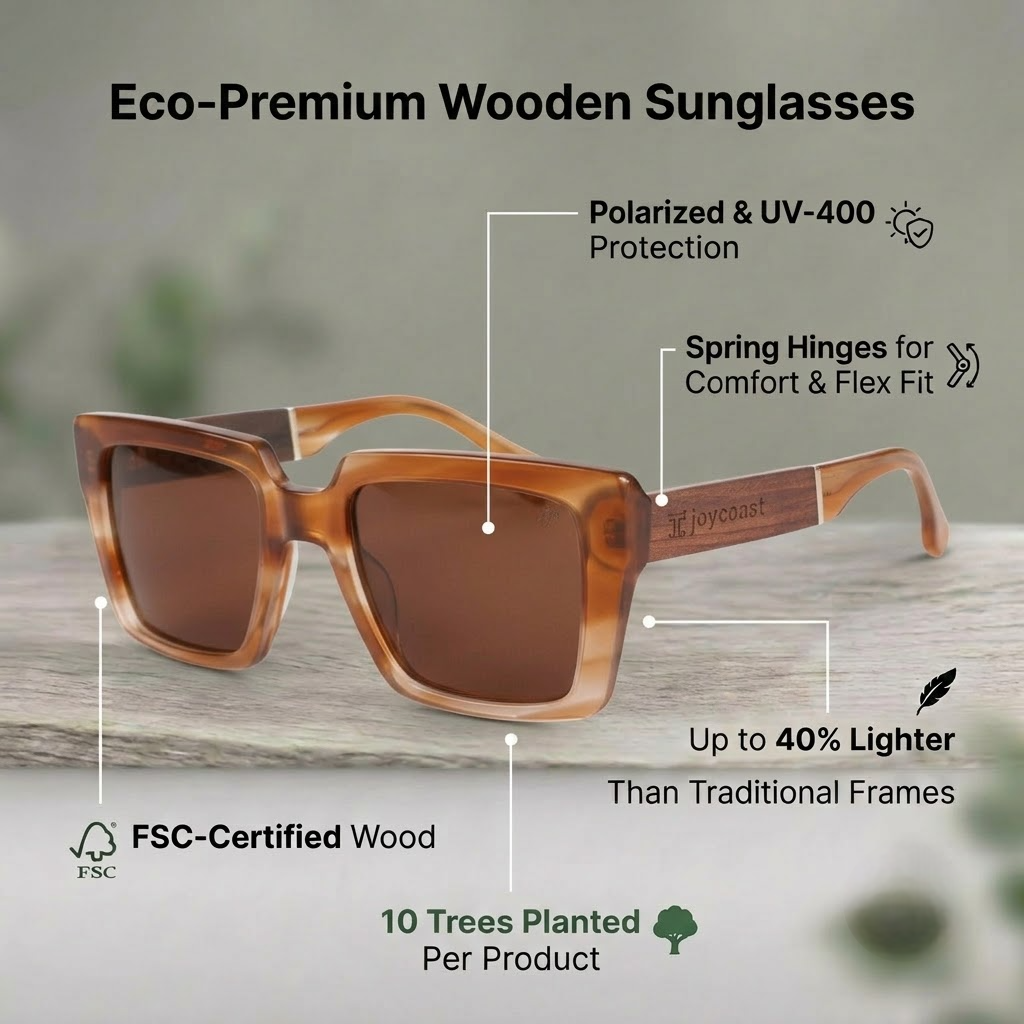 Polarized wooden sunglasses with UV-400 protection, spring hinges, FSC-certified wood