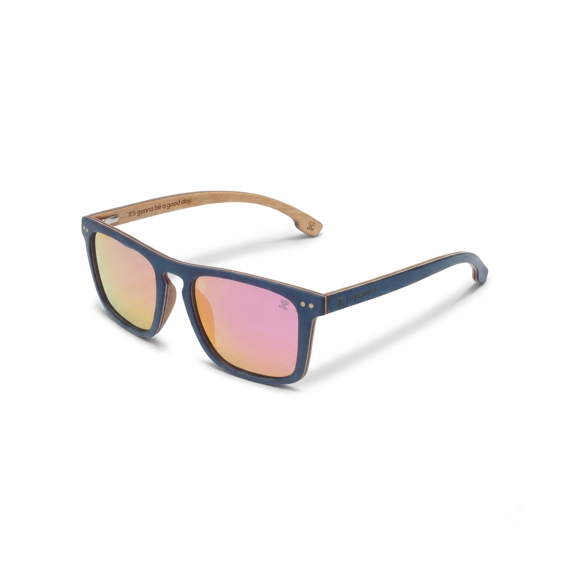 Maple wood sunglasses with blue frame and pink gradient lenses, angled view