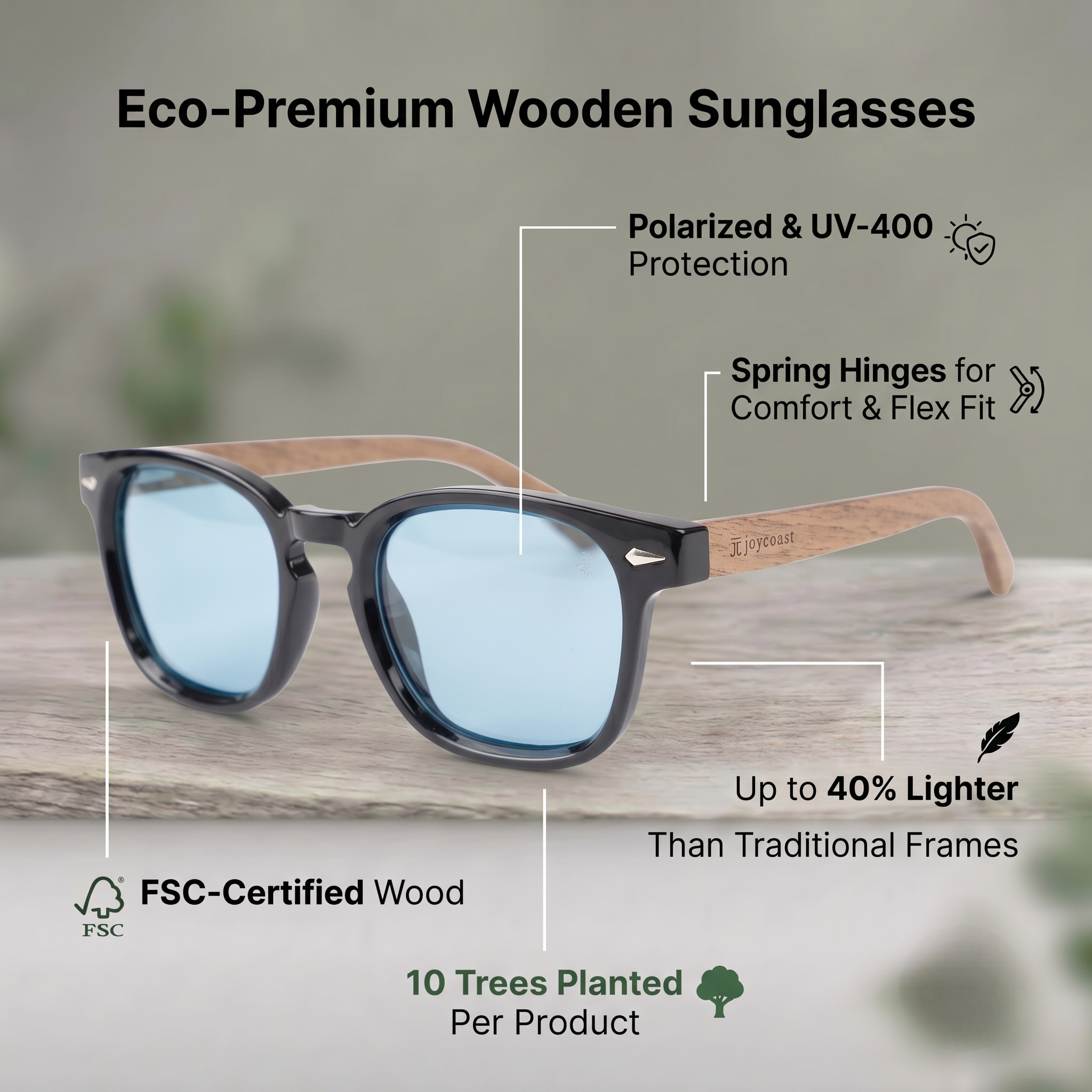 Wooden sunglasses with blue lenses, black frame and light wood temples