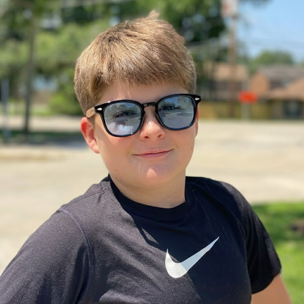 Child wearing black wooden sunglasses with blue lenses and oval frames