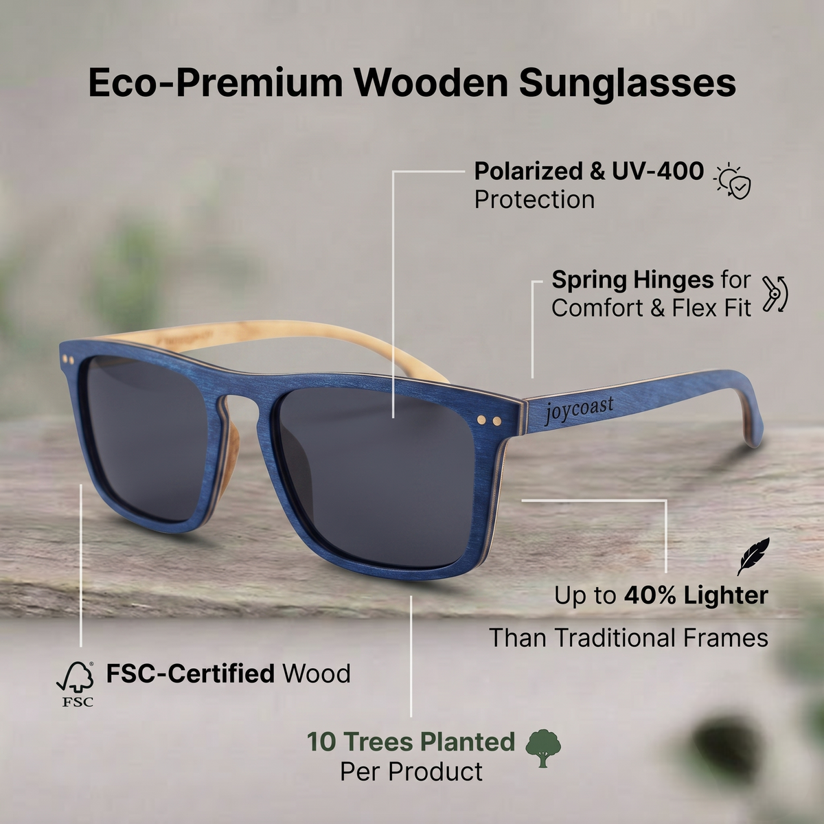 Blue maple wood sunglasses with dark polarized lenses, spring hinges, UV-400.