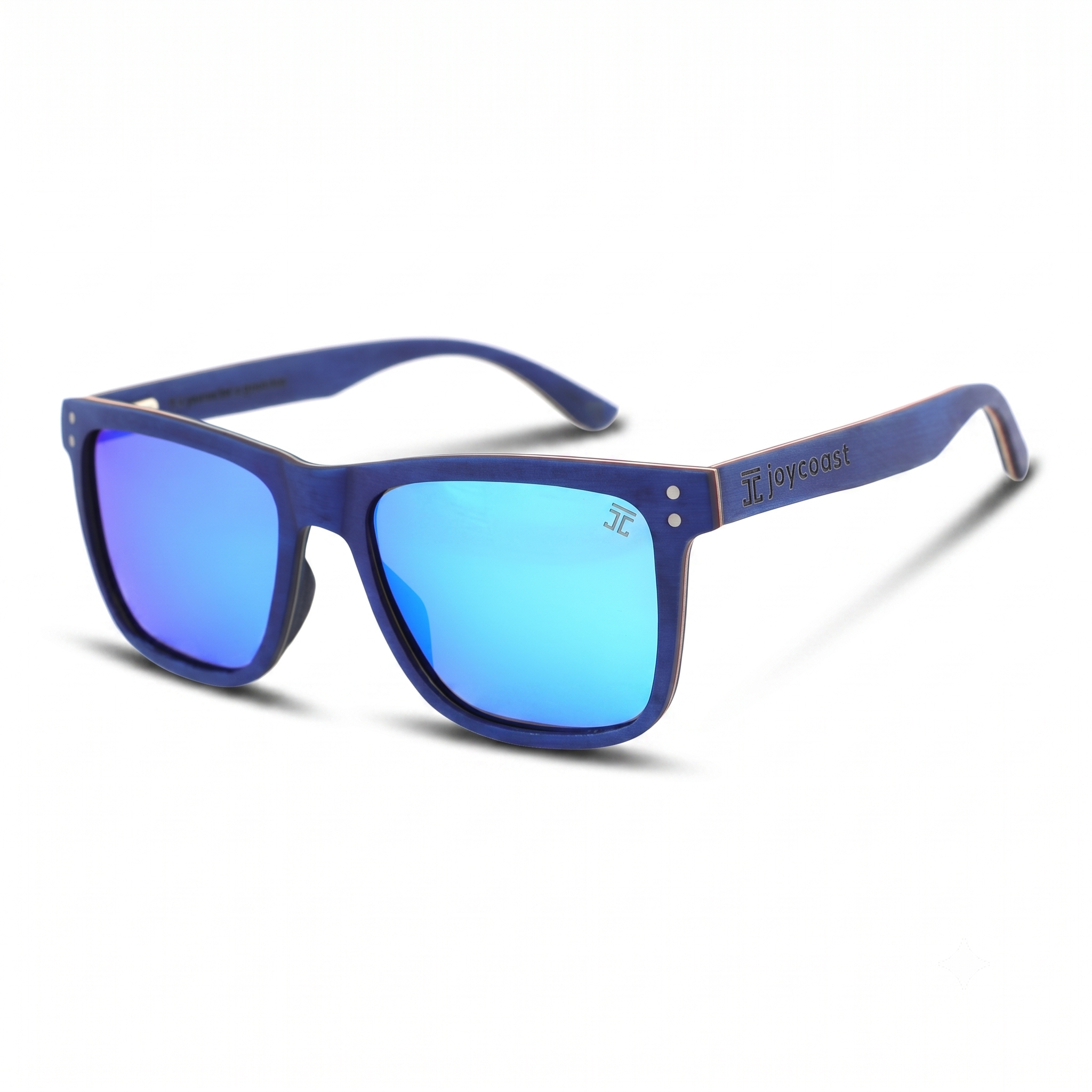 Blue maple wood wayfinder sunglasses, blue frame with logo on temple, blue mirrored lenses