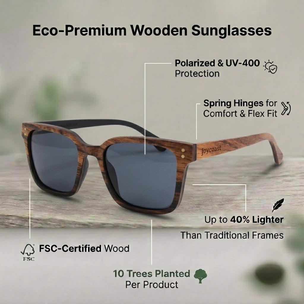Wooden sunglasses with dark blue lenses and brown wooden frame, black arms