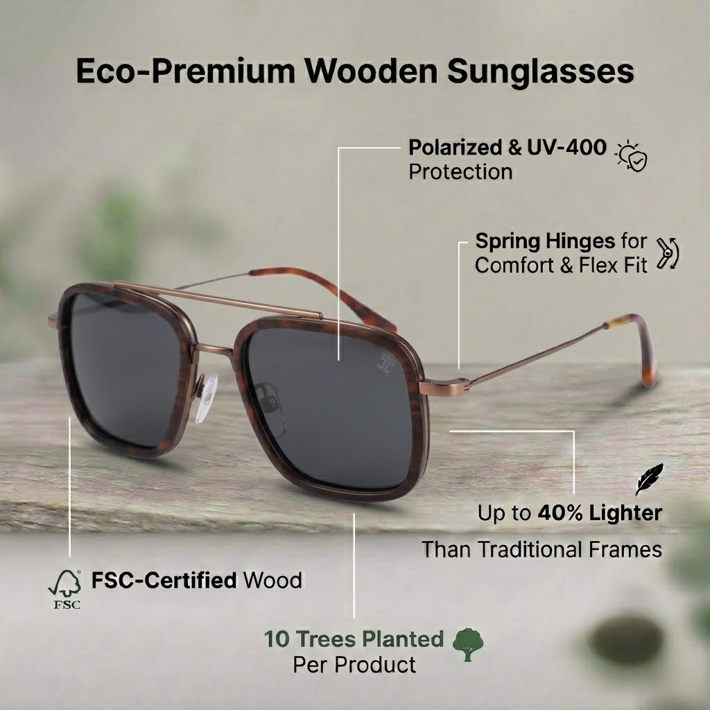 Bonnies kids wooden sunglasses with dark square lenses and brown frames