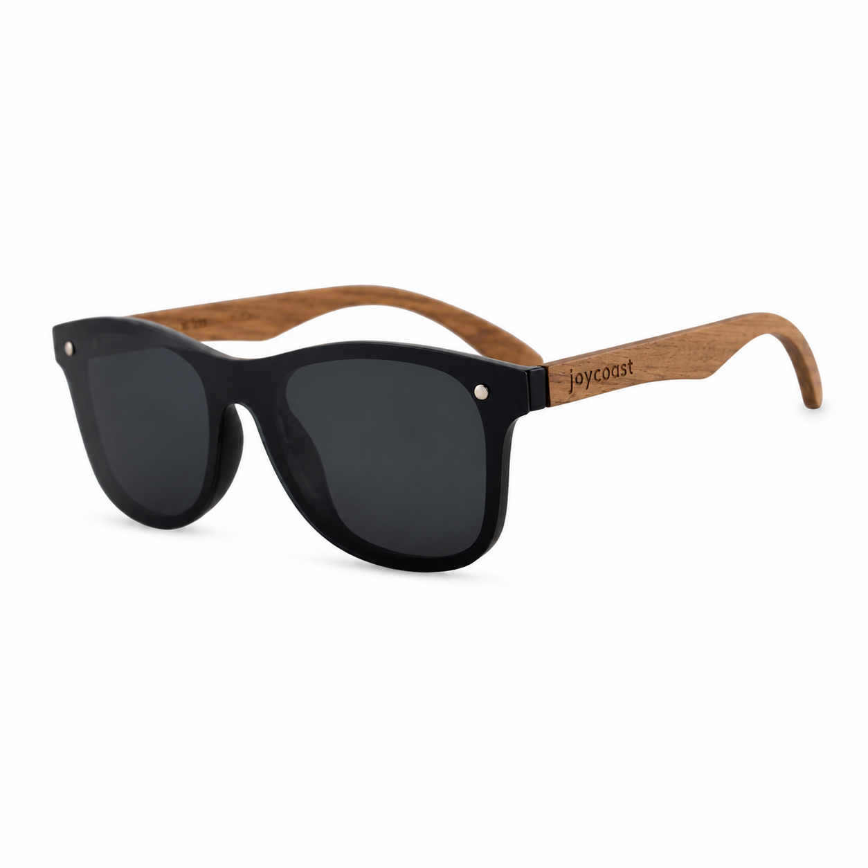 Walnut wooden sunglasses with black lenses and Joycoast logo on arms
