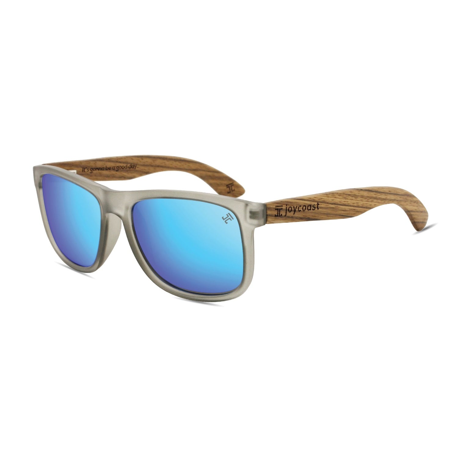 Wooden sunglasses with wooden arms and blue lenses on a white background