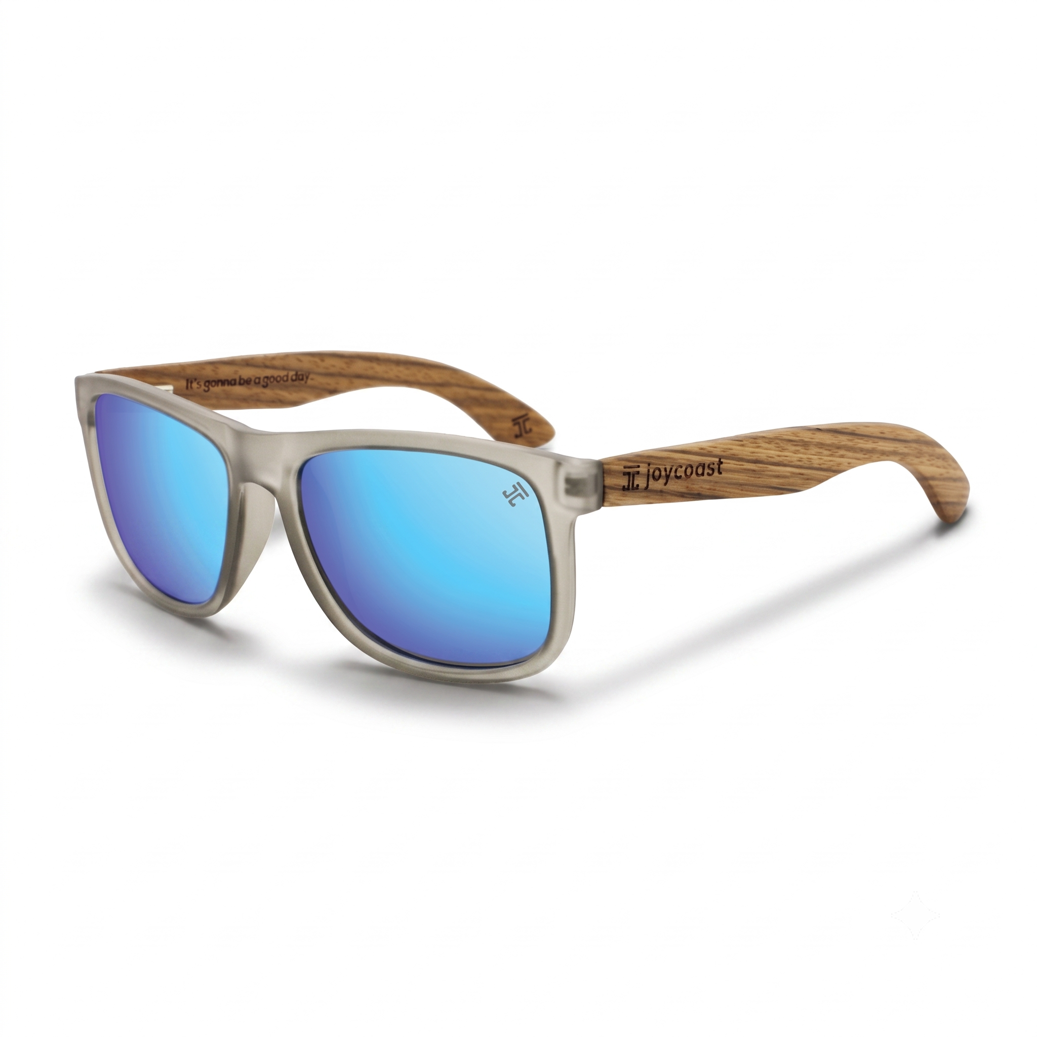 Celestial Zebrawood wooden sunglasses, blue mirrored lenses with light gray frame