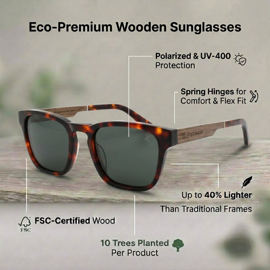 Tortoiseshell sunglasses with dark lenses and wooden temples, front view