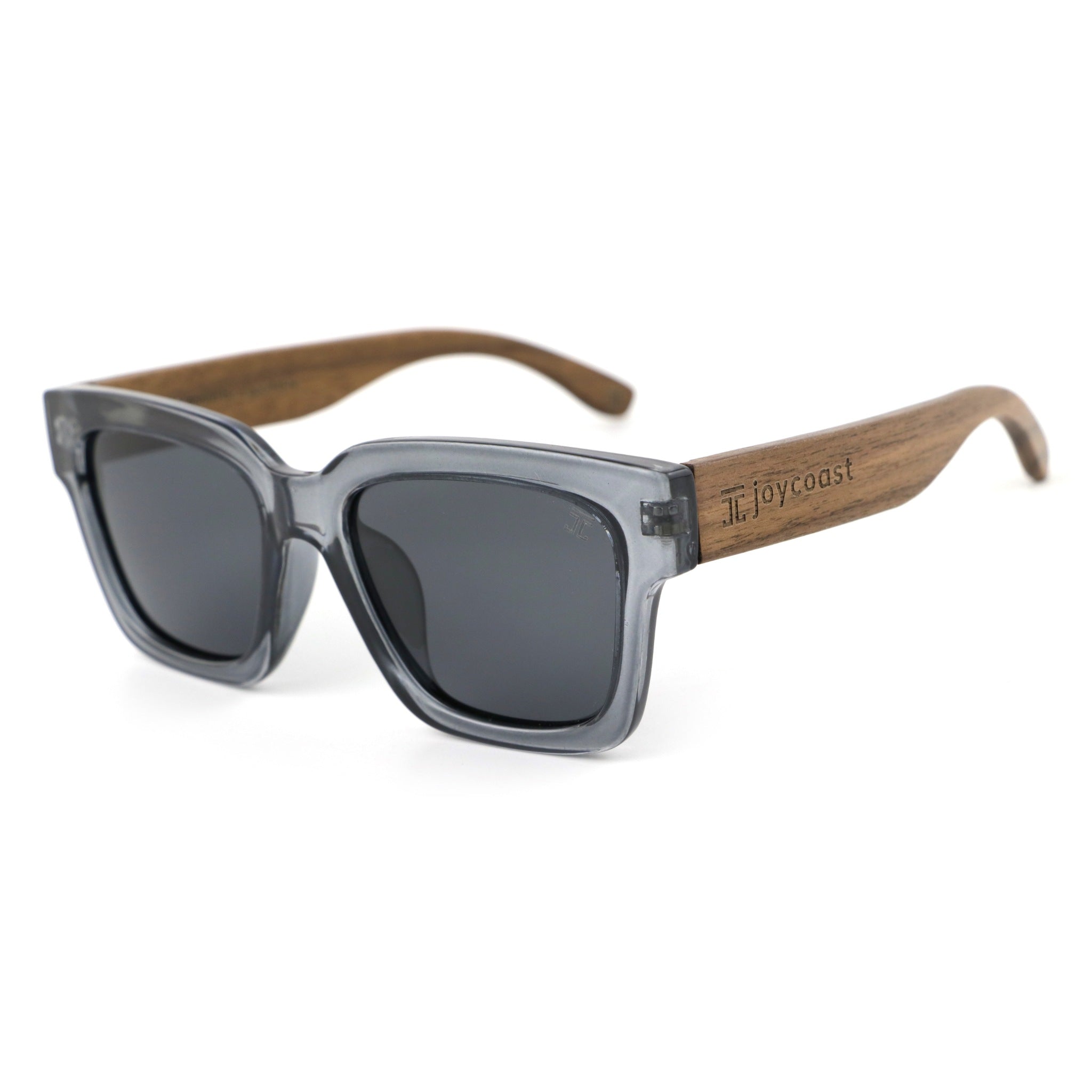 Charcoal sunglasses with square dark lenses and light wood temple arms