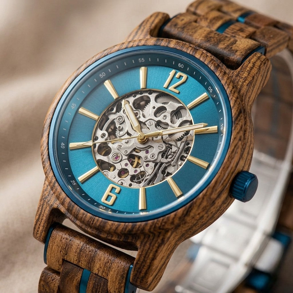 Wooden wristwatch with blue dial, gold hands, and visible skeleton movement, brown band