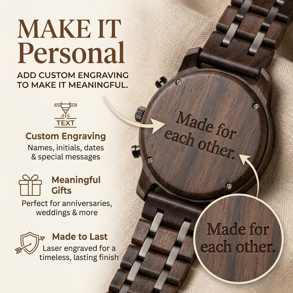 Wooden chronograph watch with engraved case back and brown link strap
