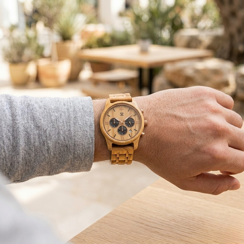 Chronograph watch with olive wood patterned bracelet and round tan dial