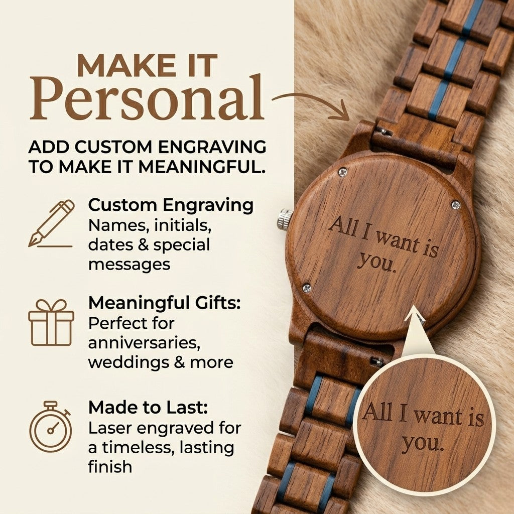 Engraved wooden watch caseback with blue inlays on an adjustable multi-slat strap