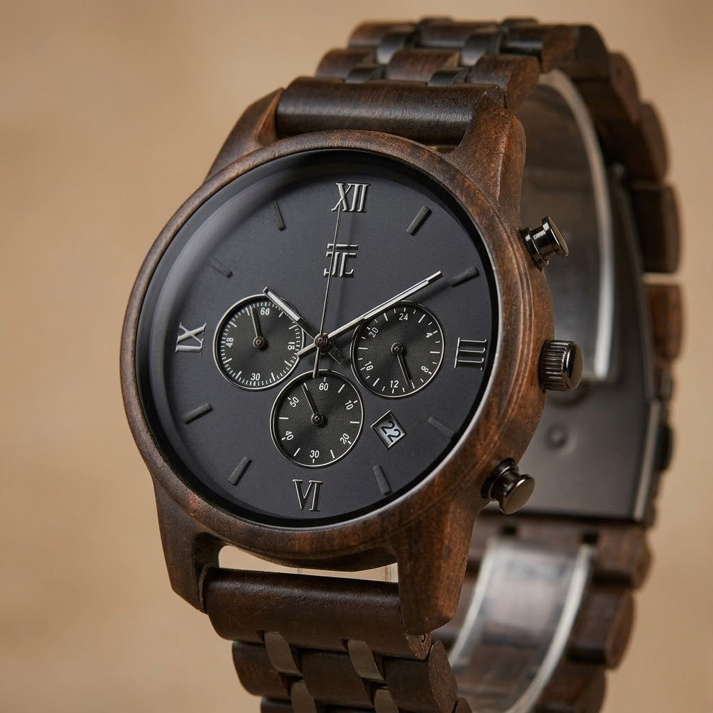 Wooden chronograph watch, dark dial with Roman numerals, brown link strap