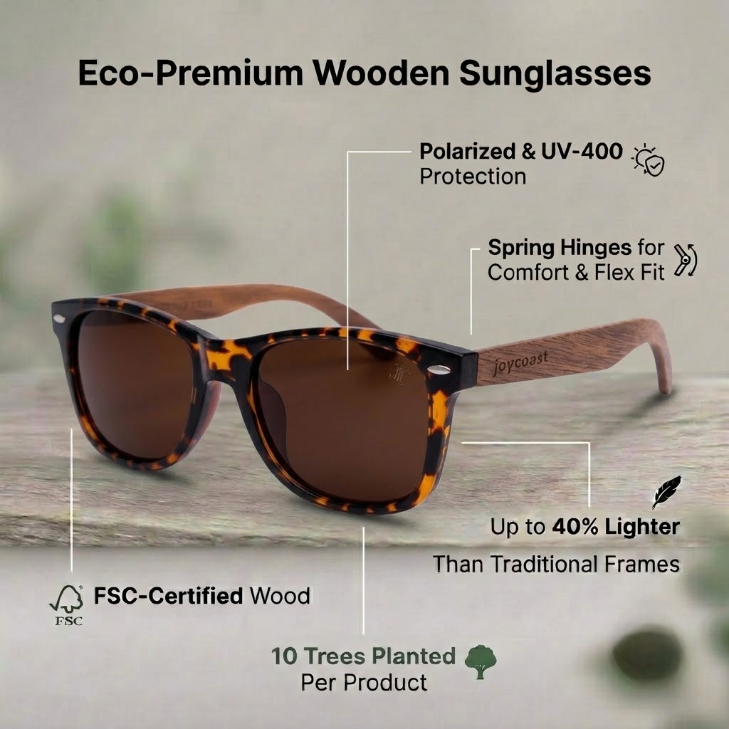 Wooden sunglasses with tortoise-pattern front, walnut temples, and dark brown lenses