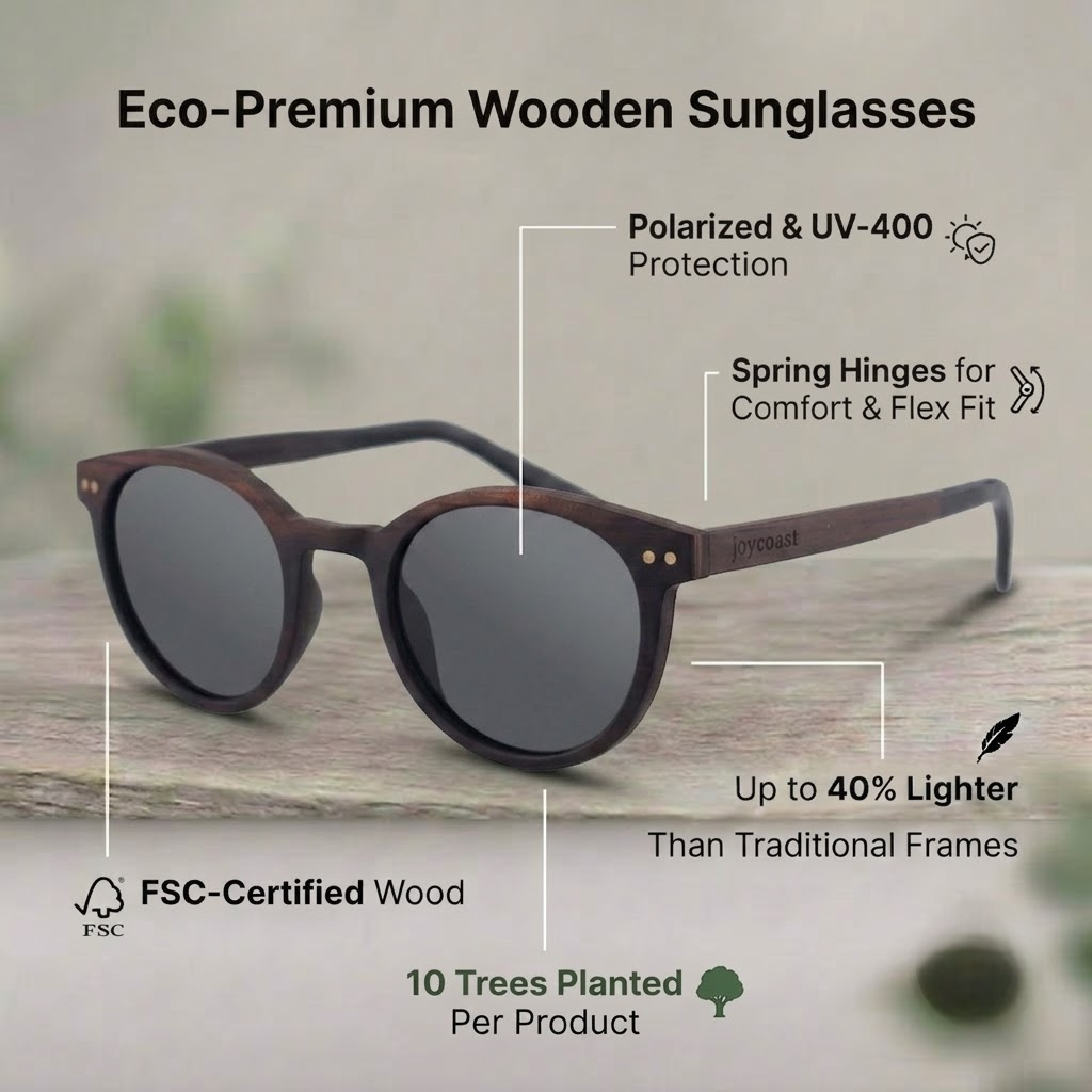 Brown round sunglasses with dark lenses and spring-hinge temples