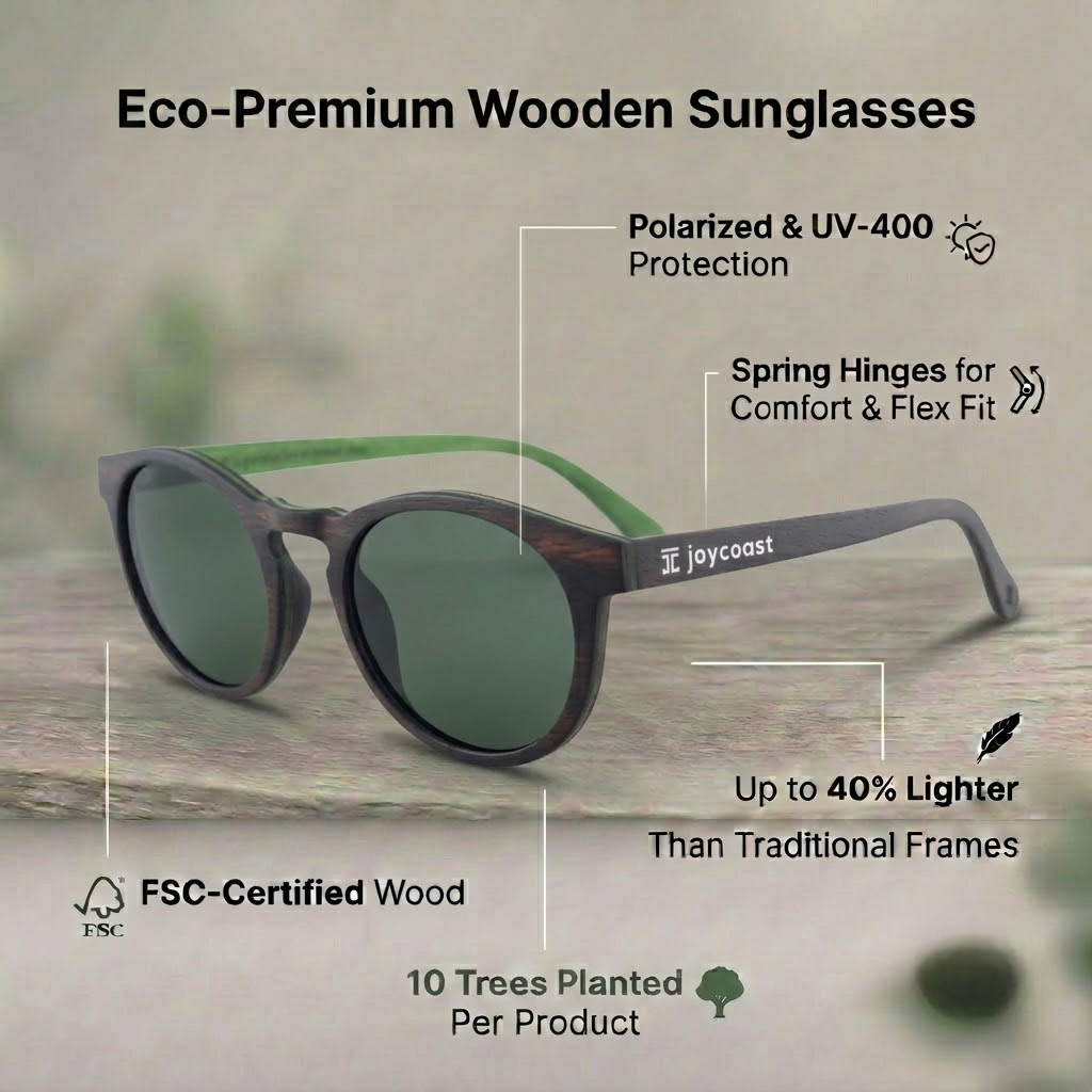 Ebony round wooden sunglasses with dark green lenses and slim frame