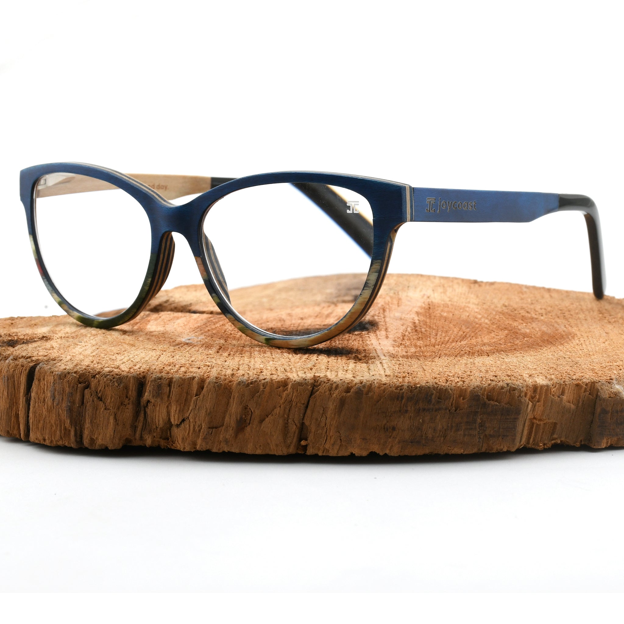 Blue reading glasses with clear lenses, round cat-eye style