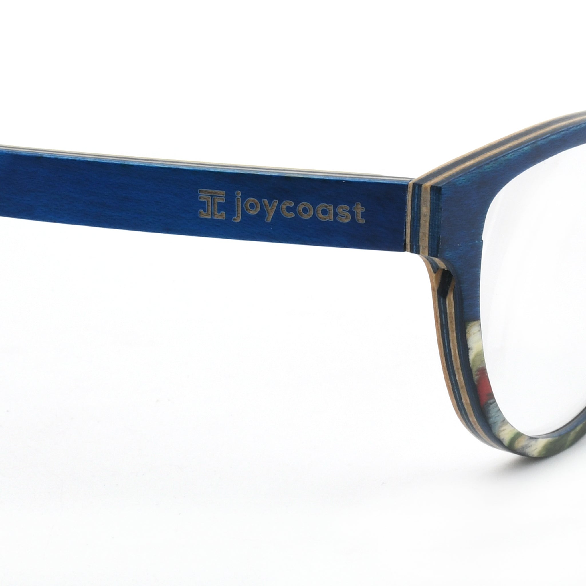 Blue temple with gold joycoast logo and dark frame corner on reading glasses