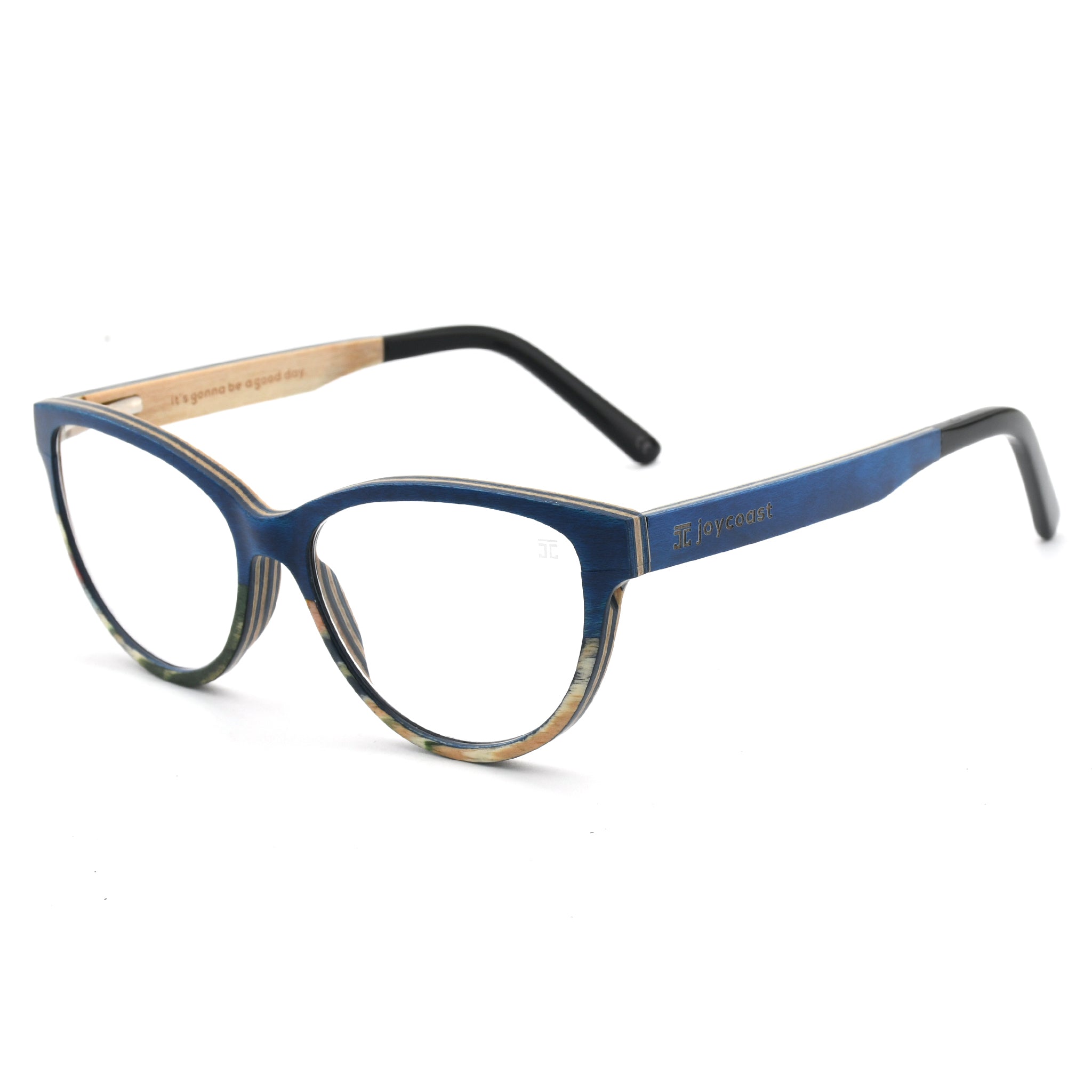 Pair of blue reading glasses with clear lenses and black temples