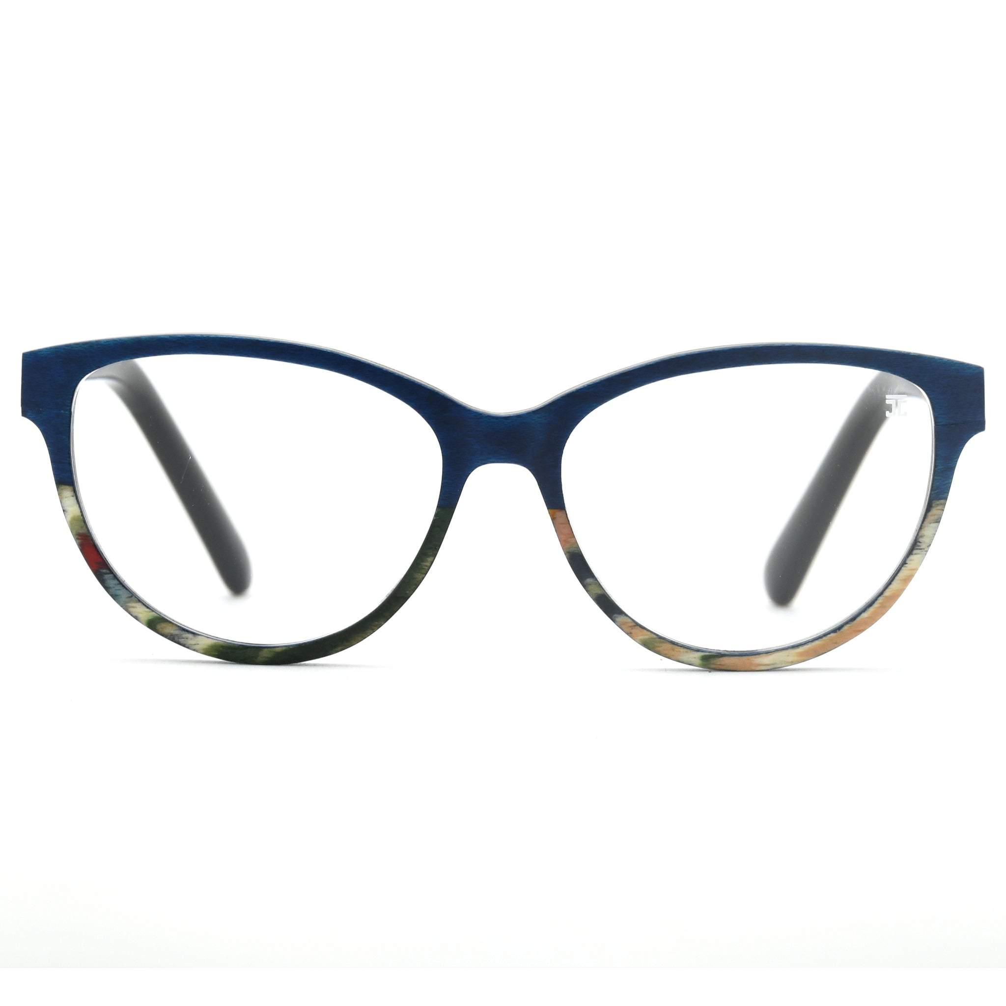 Front view of round cat-eye reading glasses with blue frame and clear lenses