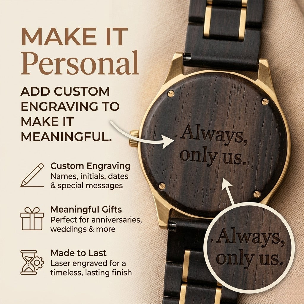 Personalized round watch with black leather strap, gold case, and engraving text
