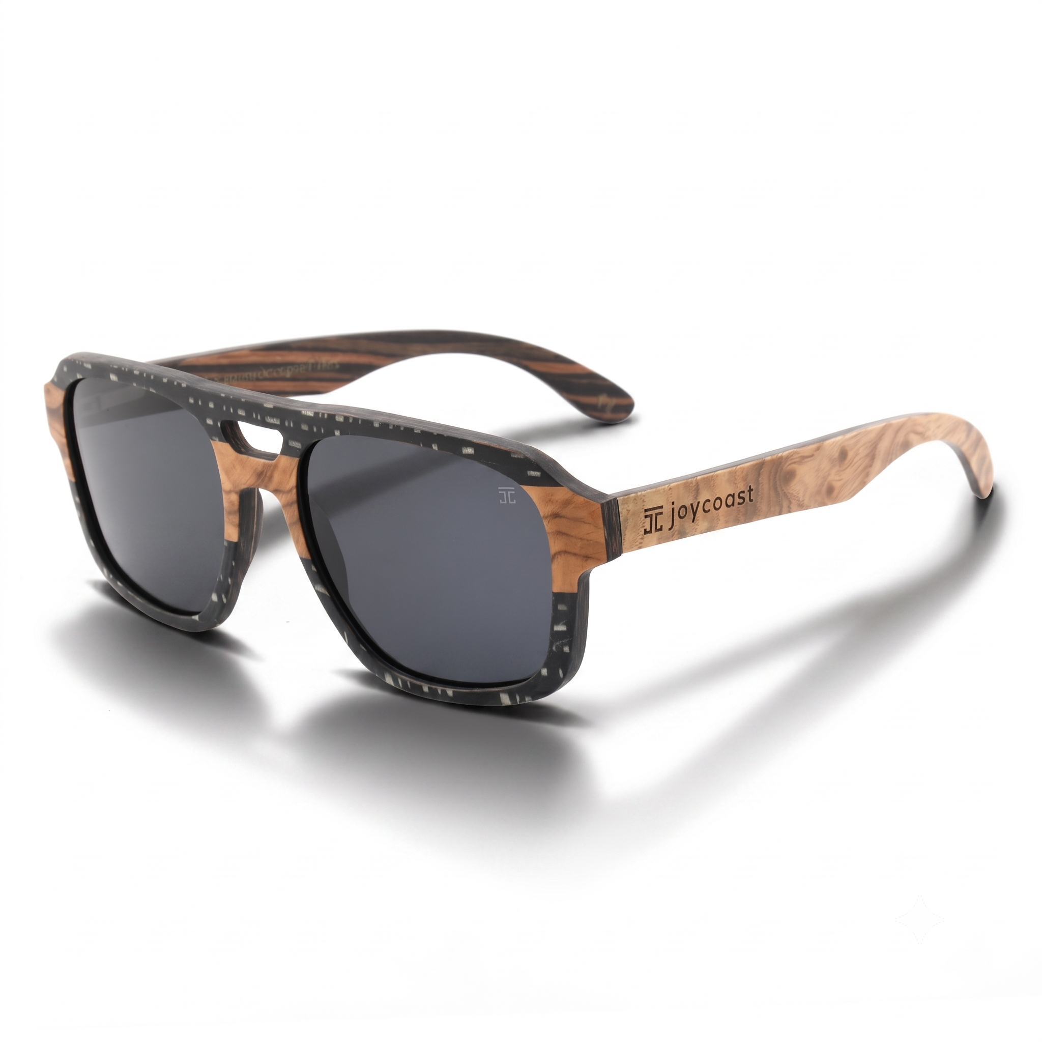 Ebony wood aviator sunglasses with dark lenses, wood bridge, black temple inlays, angled.