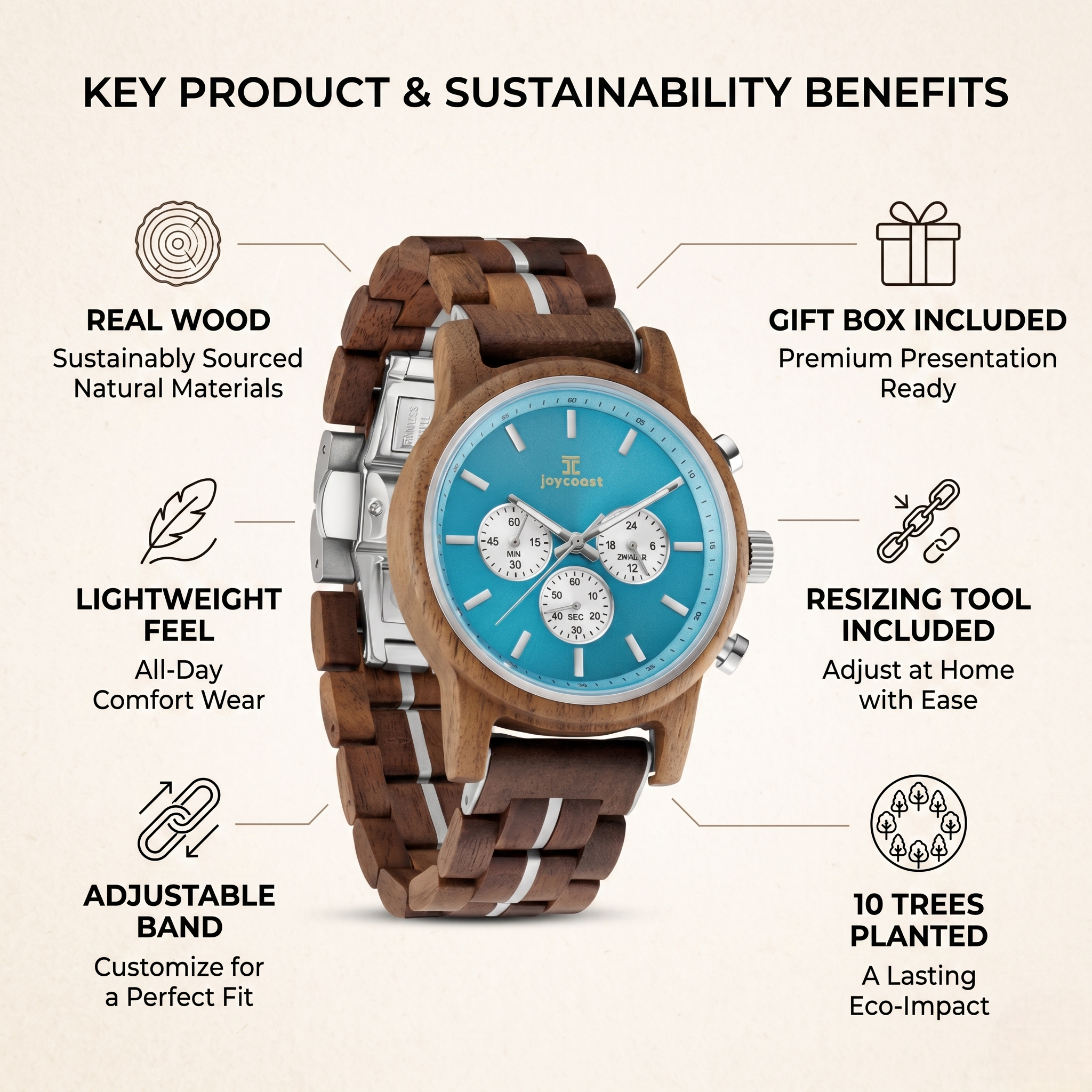 Walnut chronograph wristwatch with blue dial and wooden link bracelet