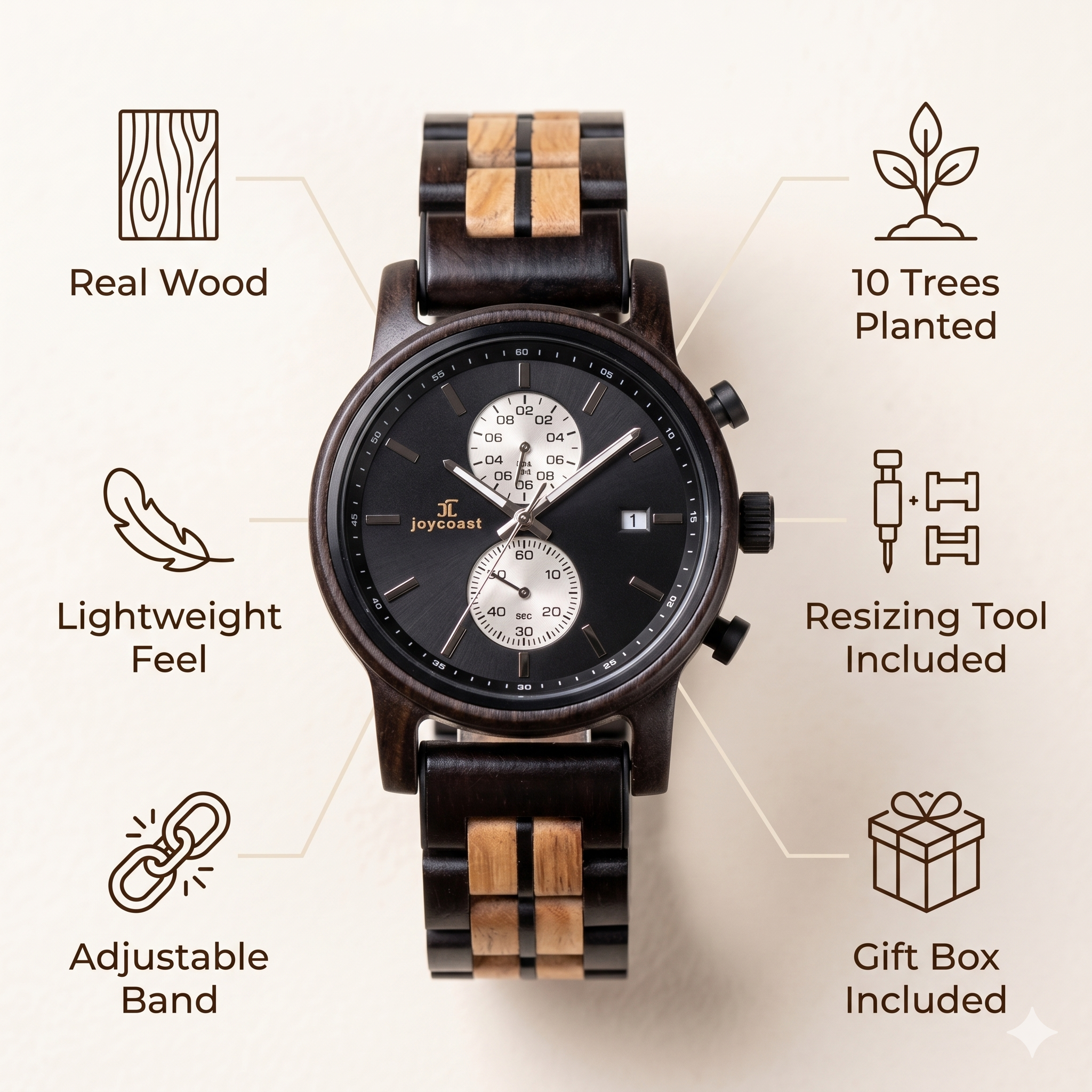 Two-tone walnut chronograph watch with gift box and band resizing tool, front view