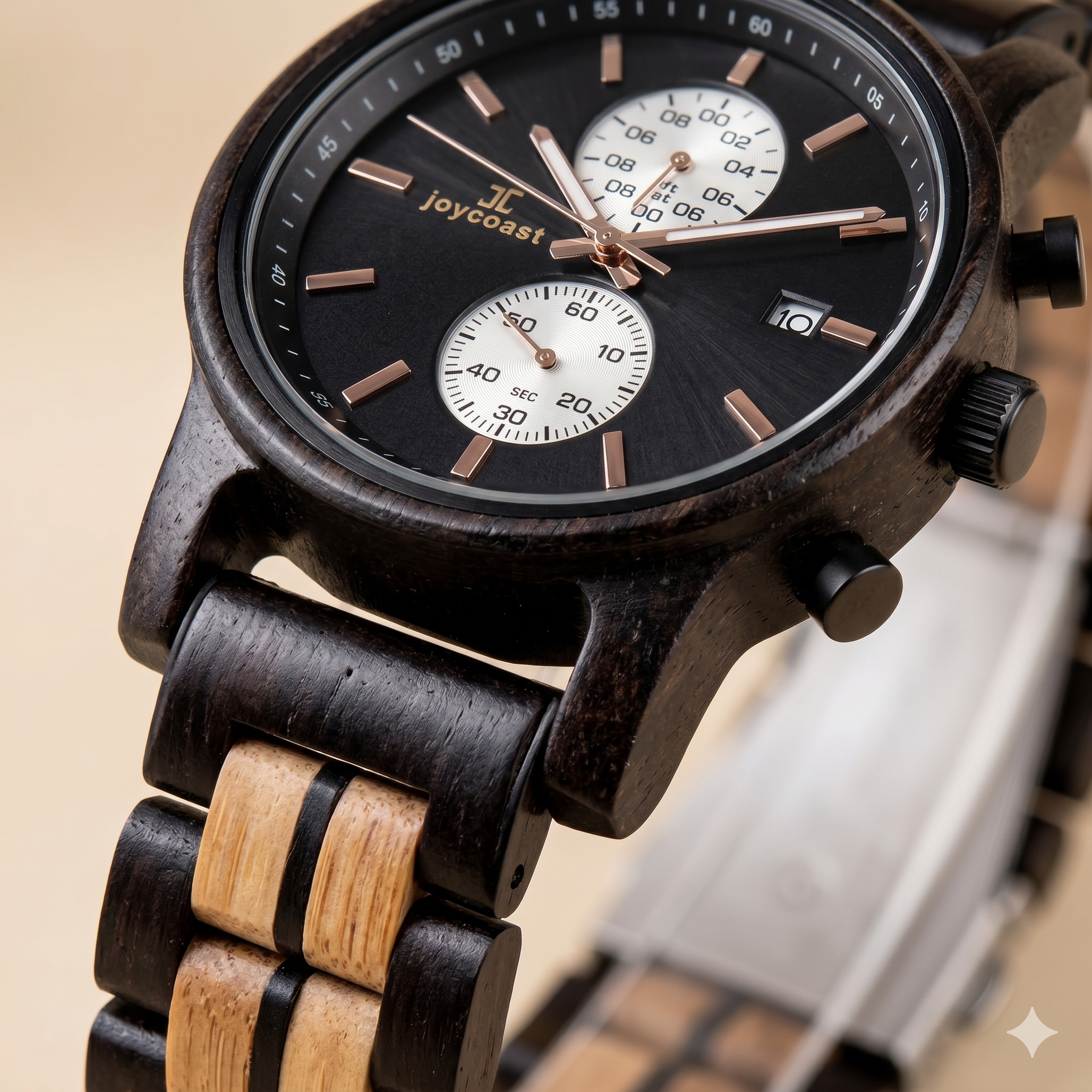 Two-tone walnut chronograph watch close-up with black dial, subdials, and dark wood strap