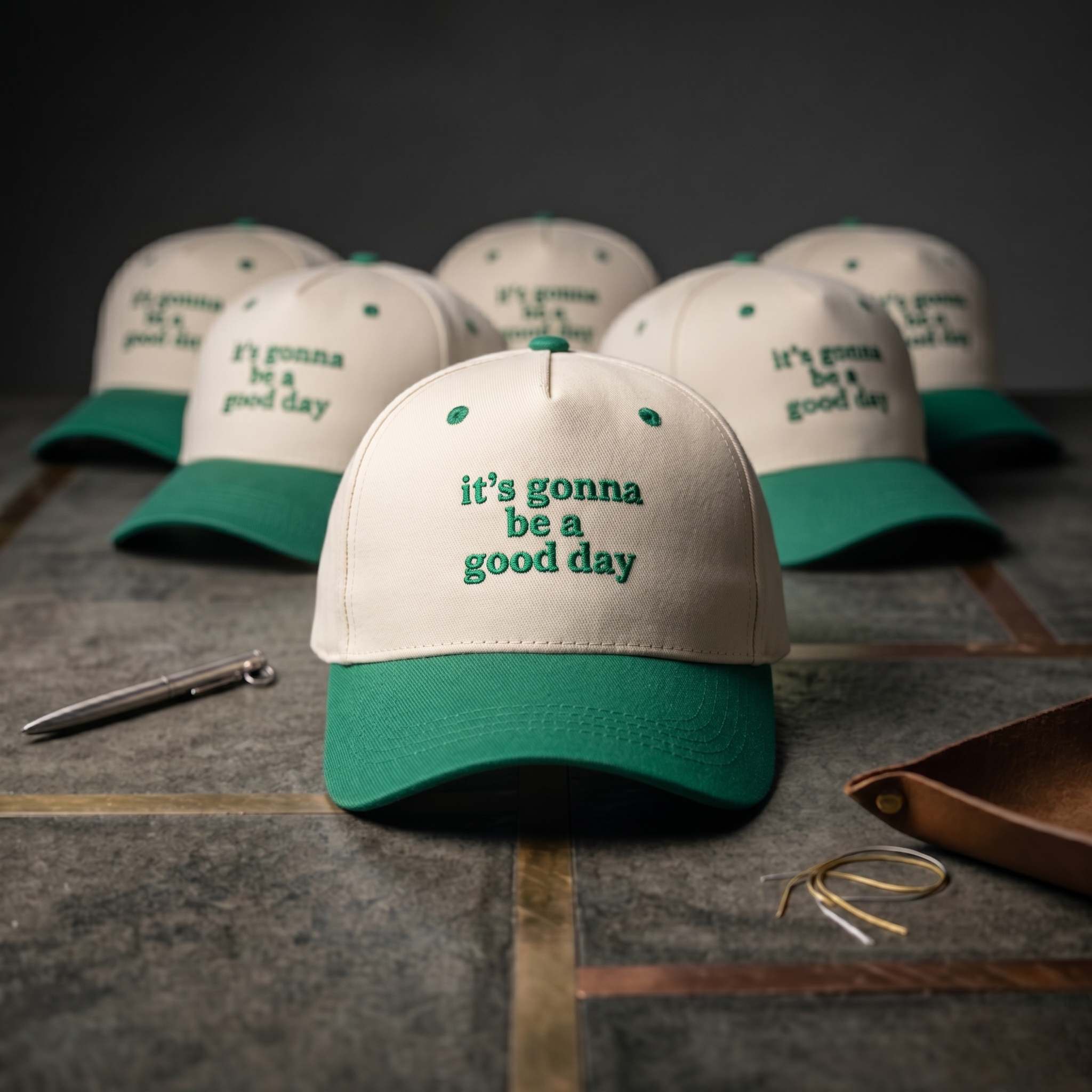 Cream and green baseball caps, “it’s gonna be a good day” front text