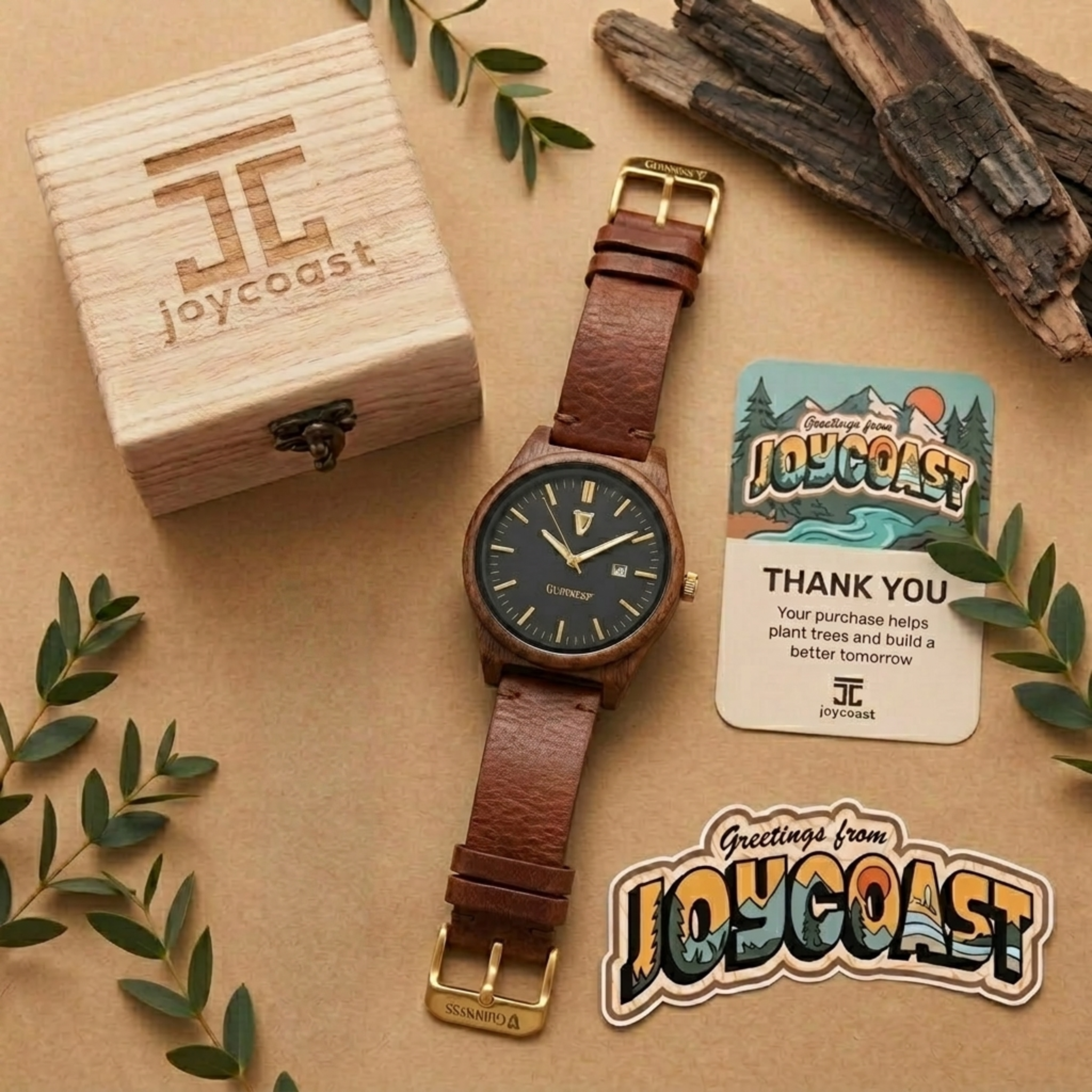 Walnut leather strap watch with brown leather band and dark dial, displayed on tabletop.