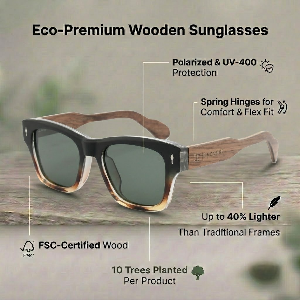Wood veneer sunglasses with dark frames and green tinted lenses, front view.