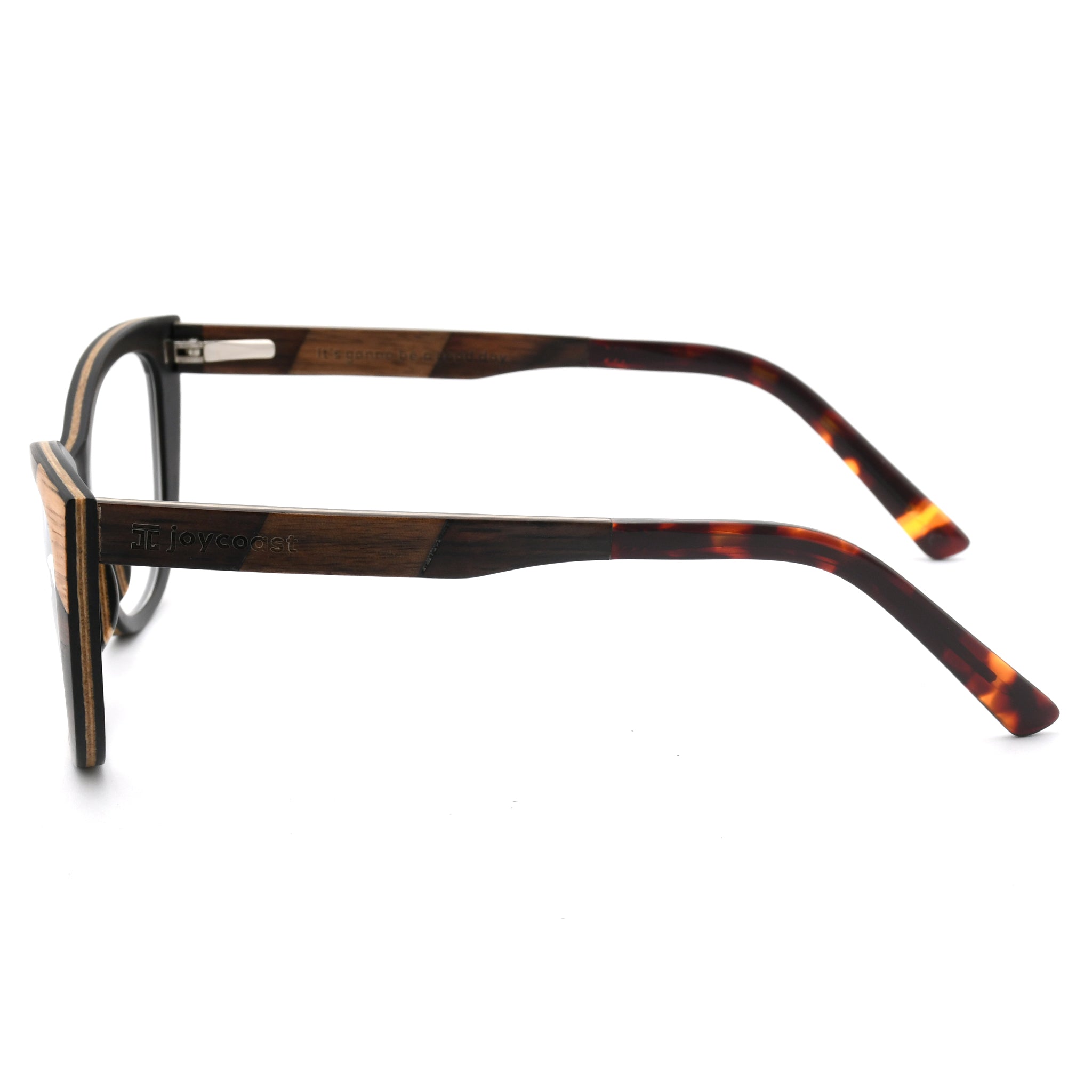 Wooden reading glasses side profile with tortoise-pattern temple tips and clear lens.
