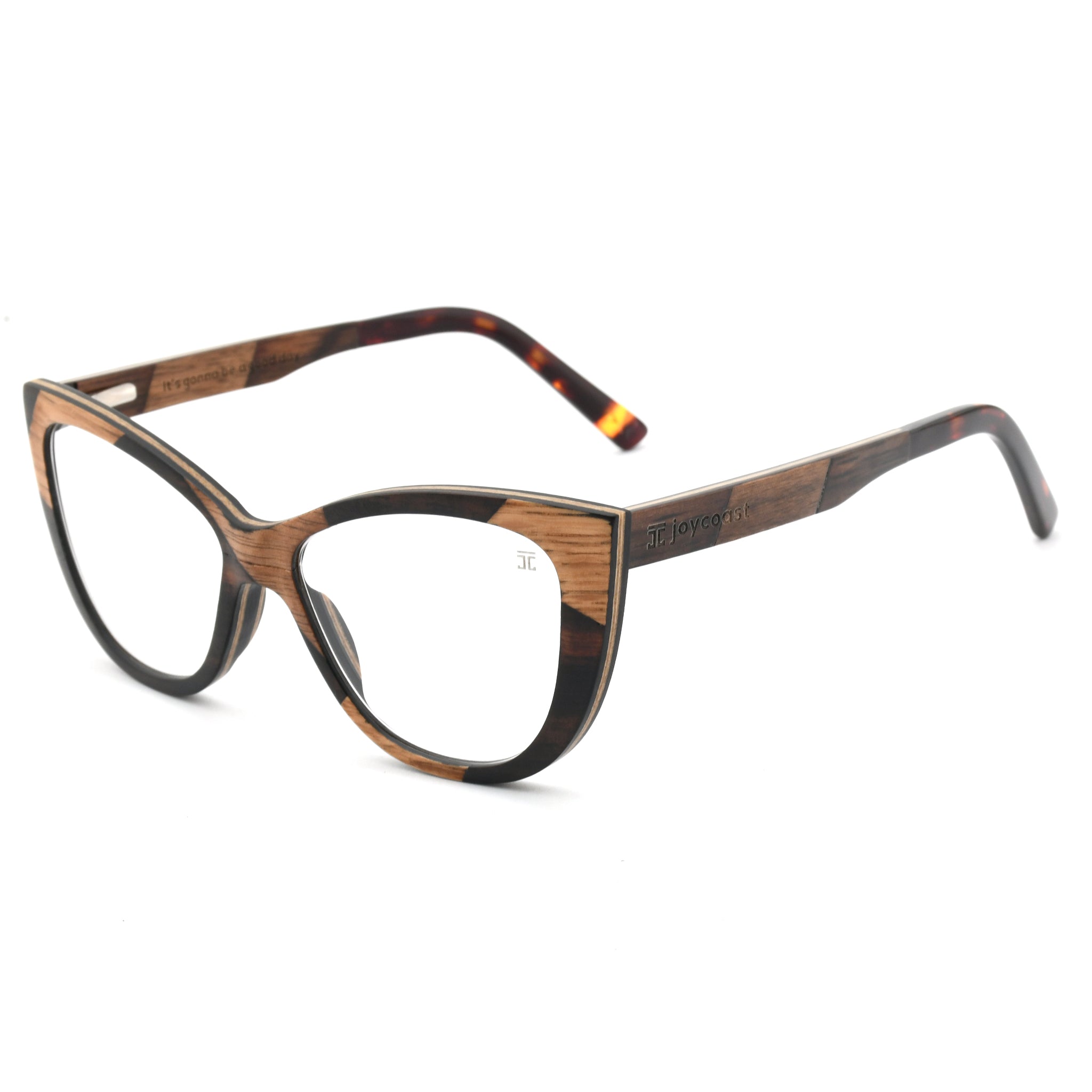 Wooden reading glasses angled front view with round lenses and logo on bridge.