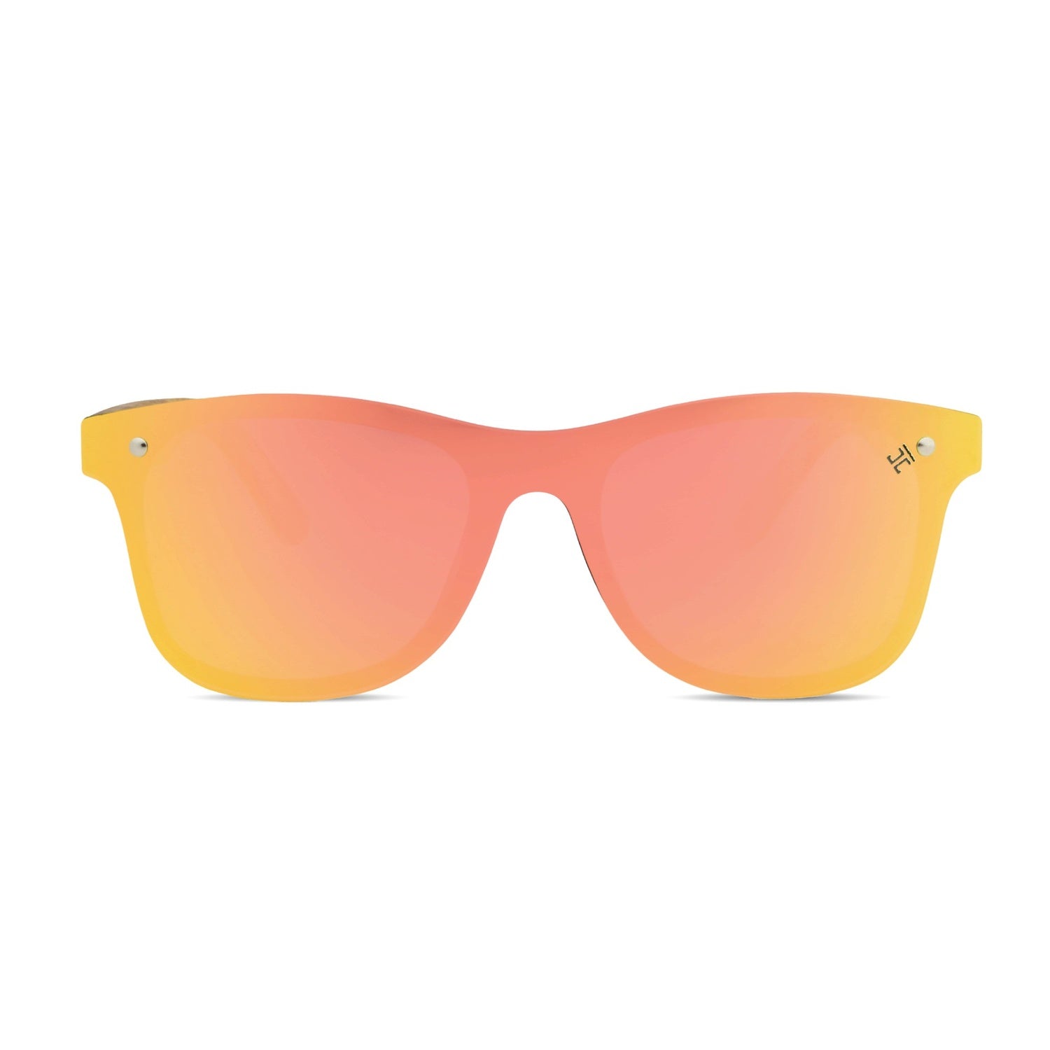 Wooden sunglasses with rose gold-tinted lenses on a white background