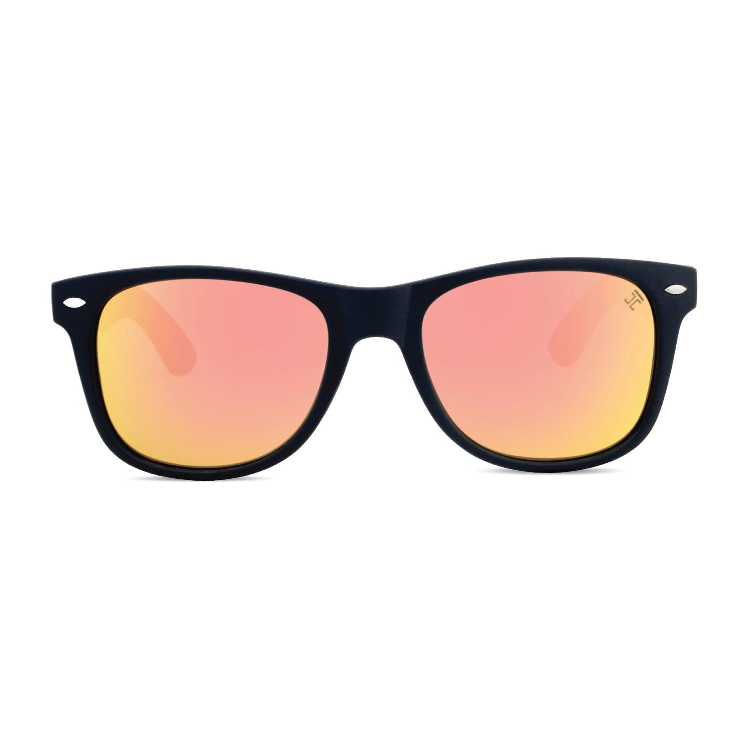 Black-framed sunglasses with pink and yellow gradient lenses on a white background, wooden sunglasses