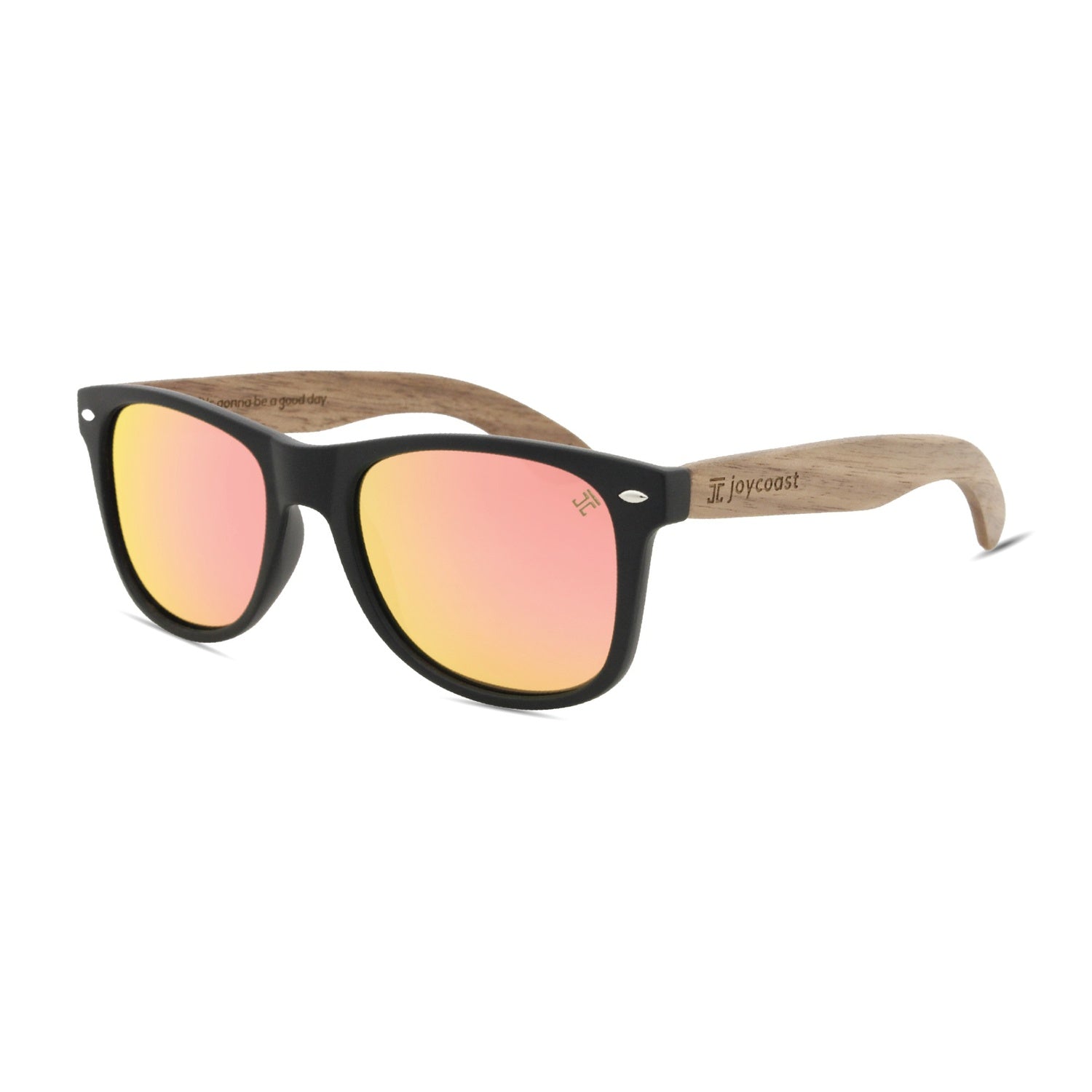 Sunglasses with black frame and pink lenses on a white background, wooden sunglasses