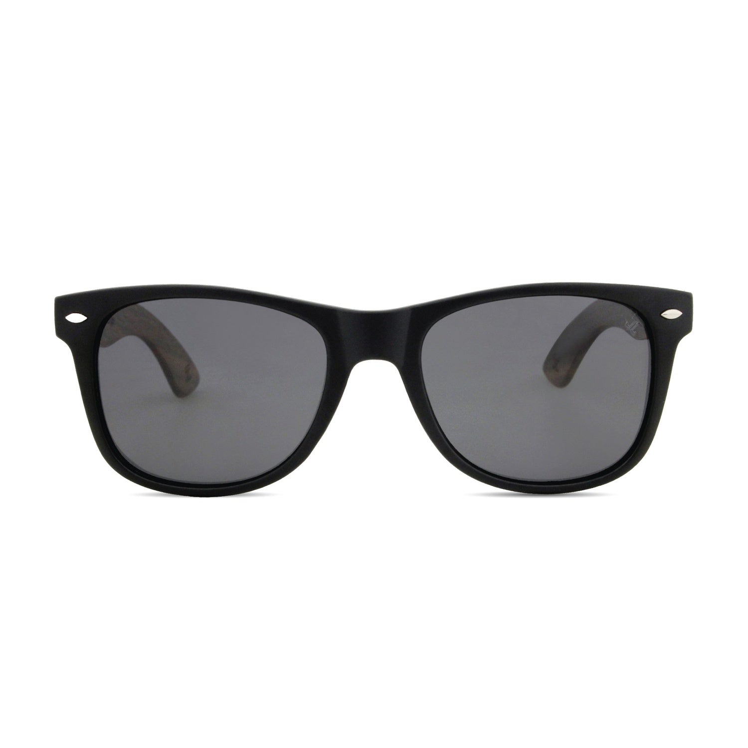 Black sunglasses with dark lenses on a white background